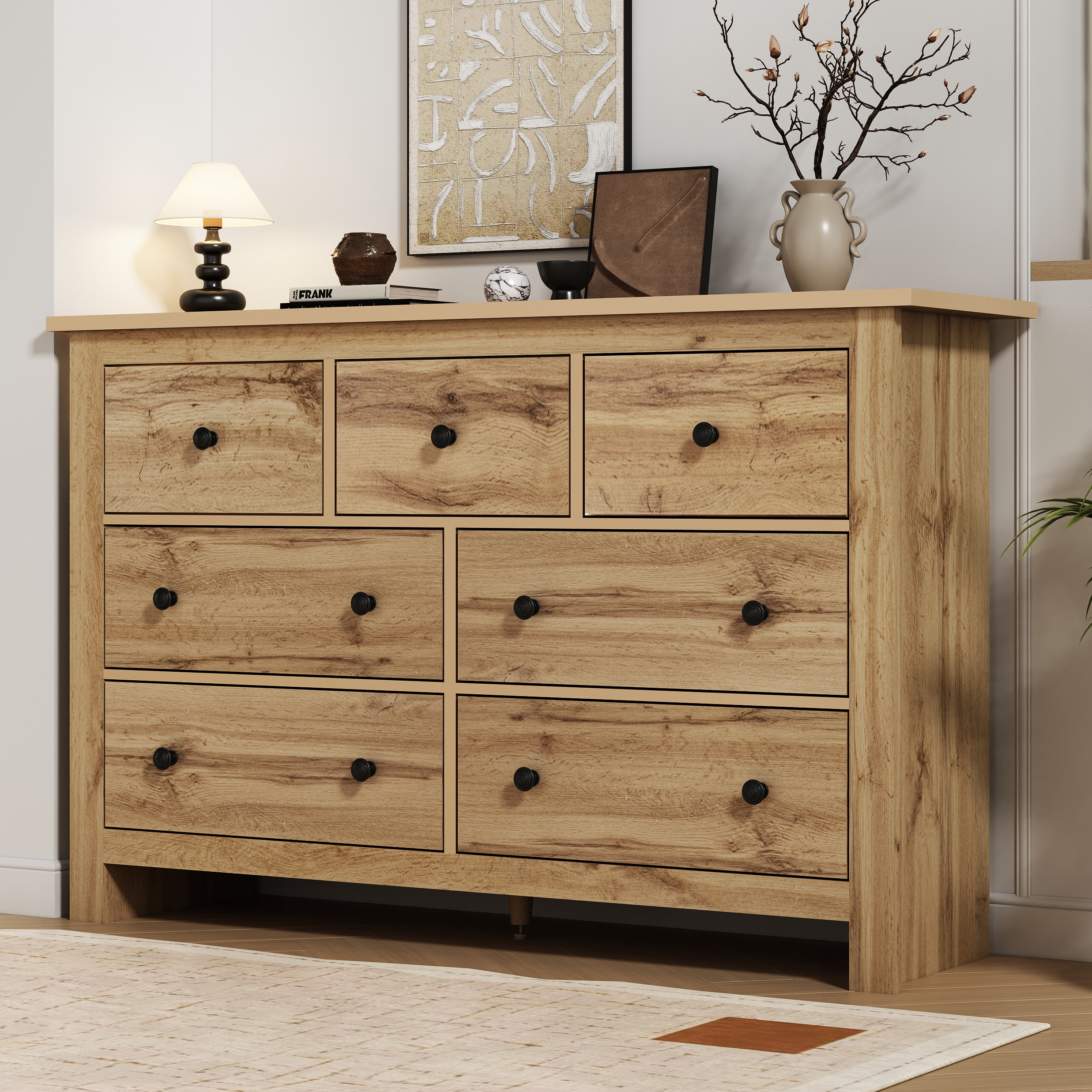 Modern Vintage Storage Cabinet, Sideboard Buffet With 7 Drawers, Sofa Side Cabinet, For Living Room, Bed Room, Kitchen, Hallway, 152x40x88.5CM, Wood Color