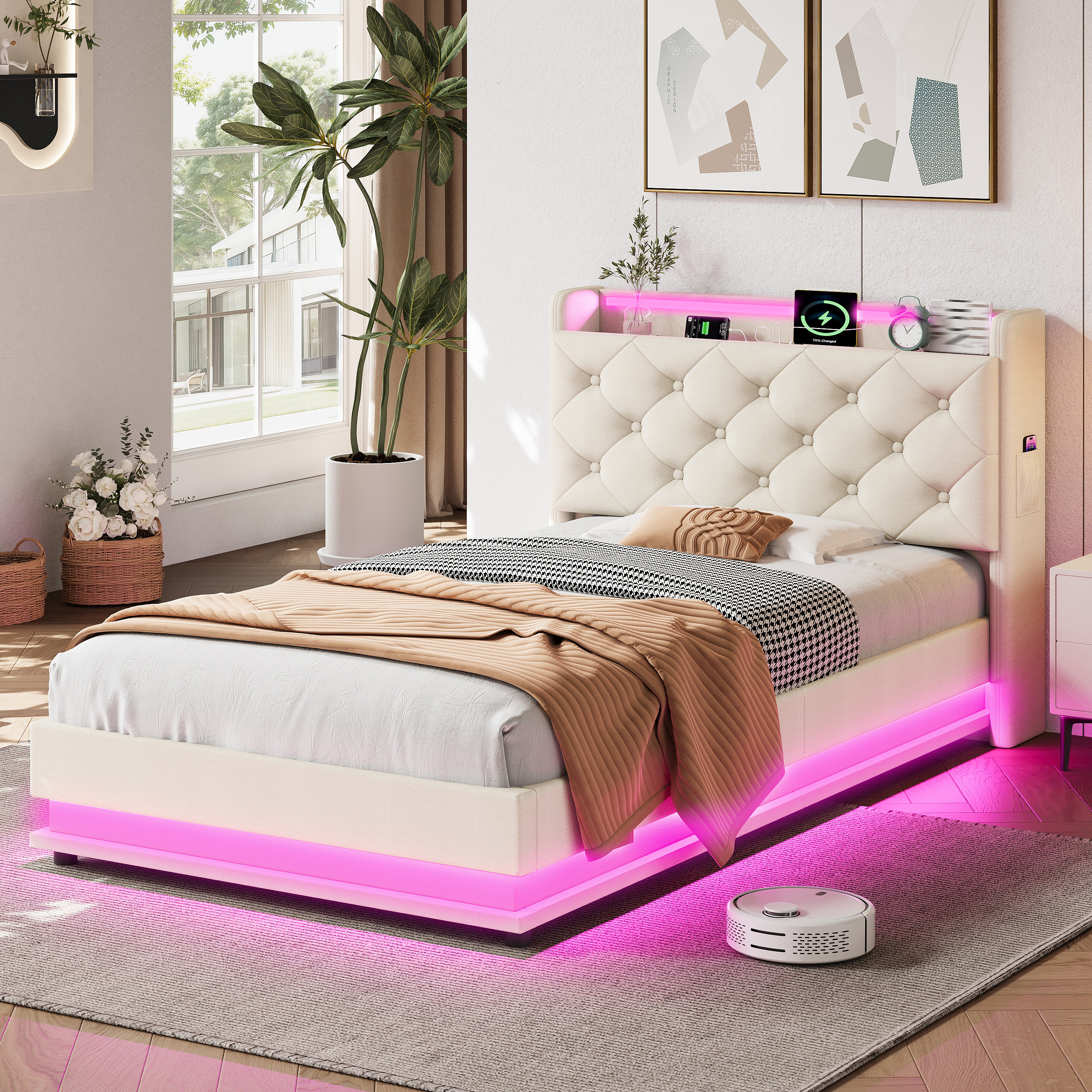 3ft Single Upholstered Bed Frame With Hydraulic Storage, LED Button Tufted Headboard With Charging Station And Concealed Headboard Storage, USB And Type-C Ports, Linen, Beige No Mattress