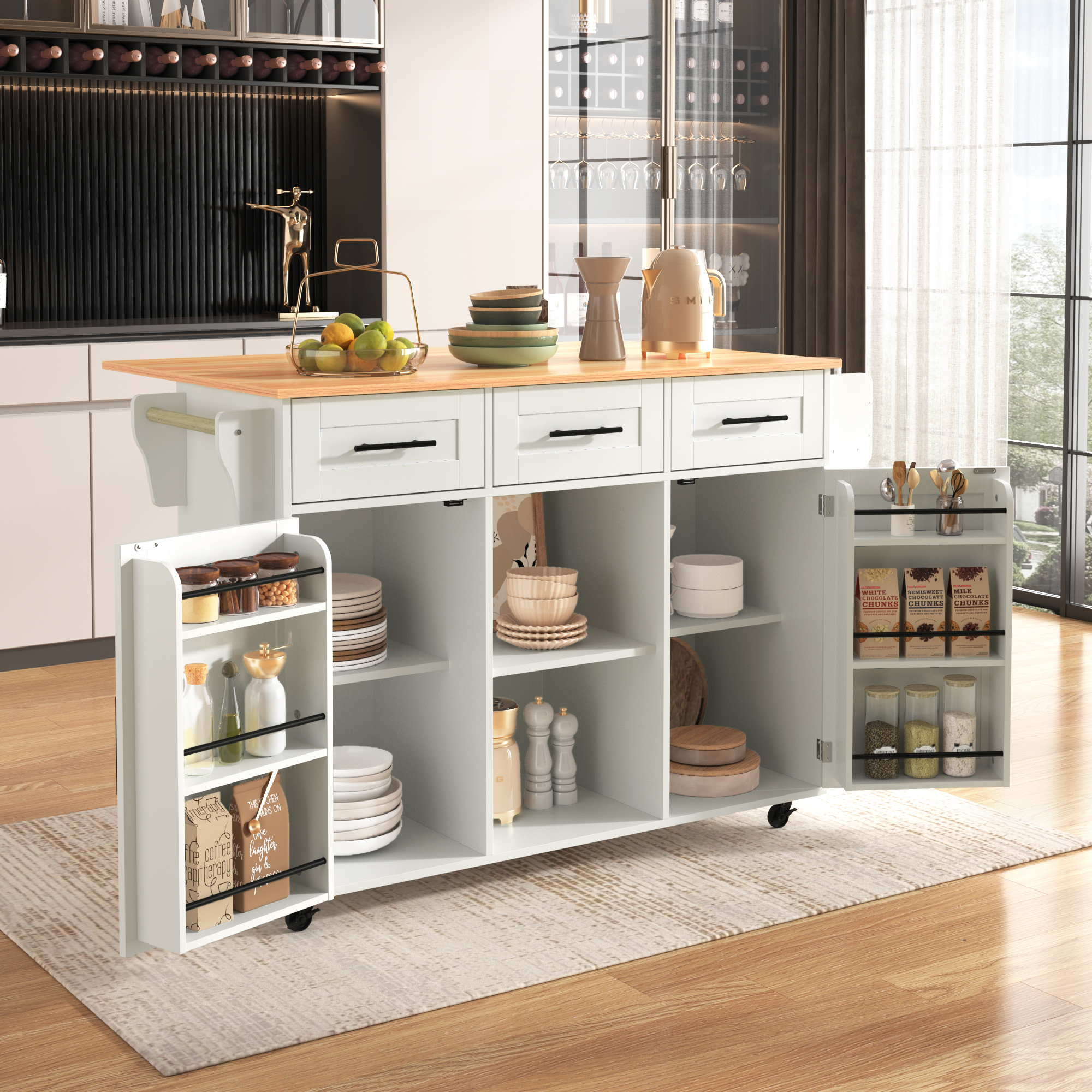 139x46 71x91.5 Cm Kitchen Island On Wheels,large Dining Cart, Trolley , Foldable Wood Grain Countertop, 3 Drawers, Interchangeable Wheels & Solid Wood Feet, For Dining Room Living Room