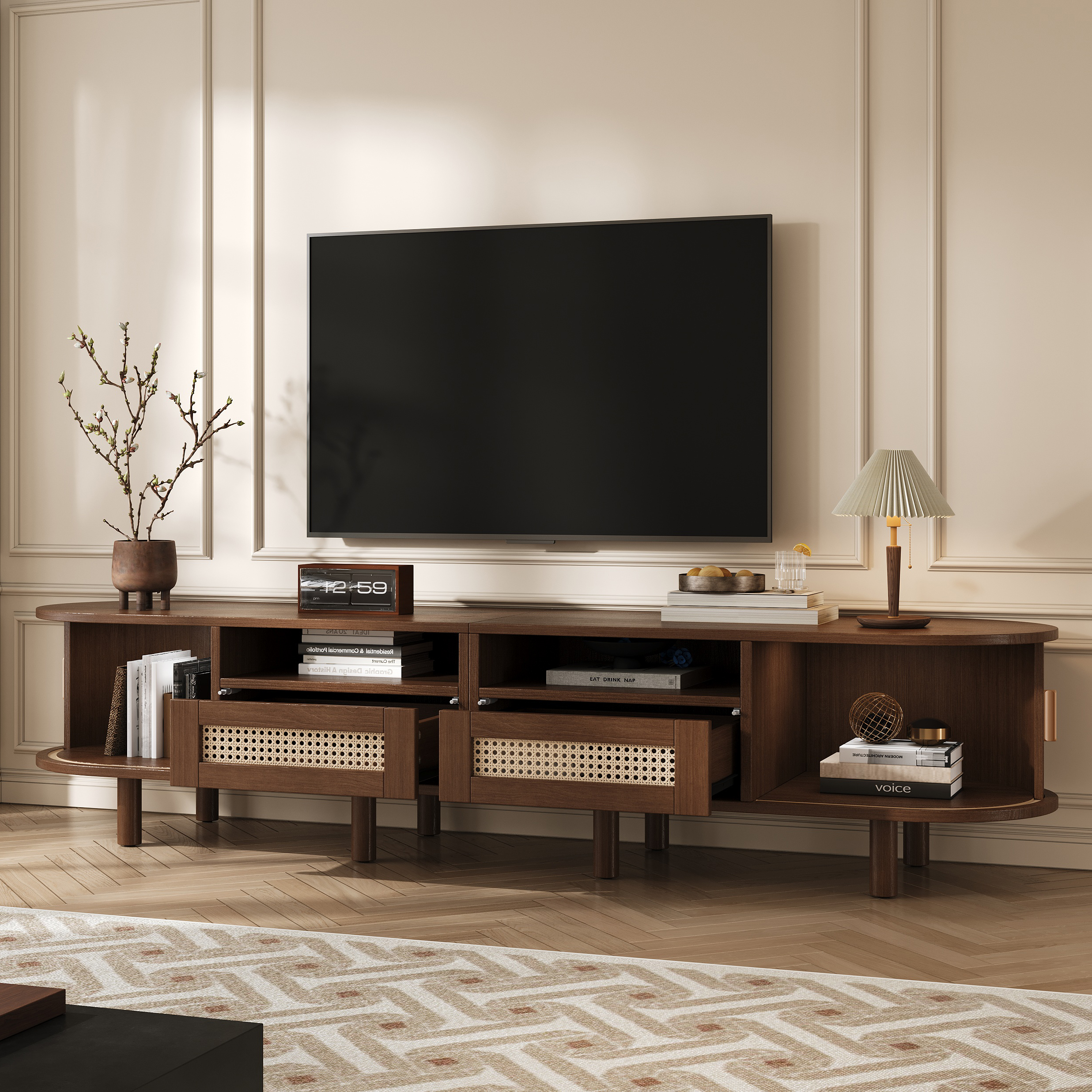 TV Stand With 2 Rattan Drawer And 2 Sliding Doors,Oval TV Cabinet Storage — image 2