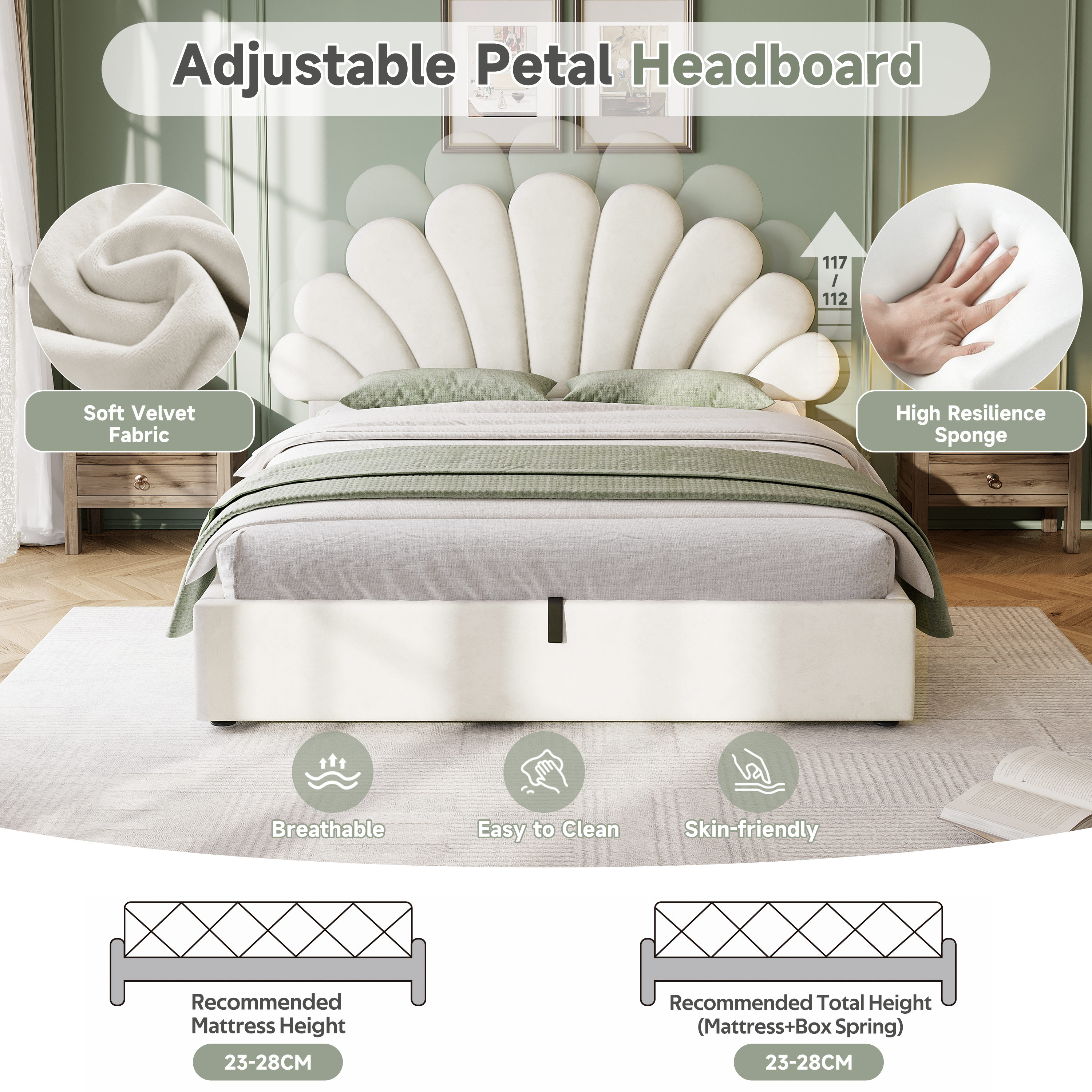 Chic Petal Headboard Bed with Effortless Hydraulic Storage