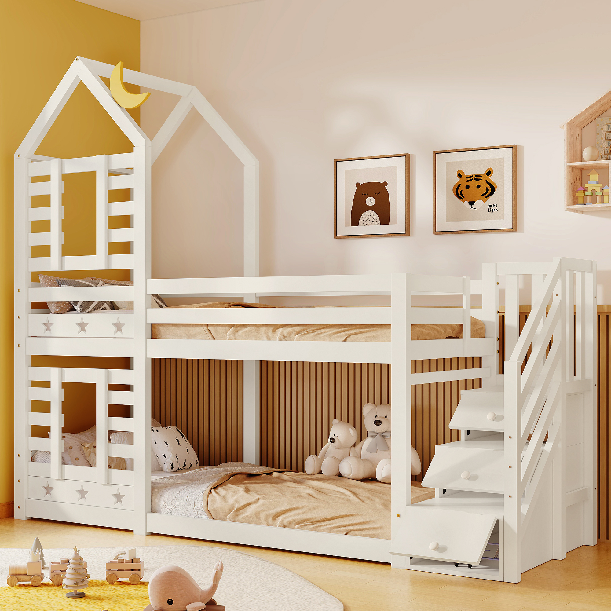 Bunk Bed Storage Children Cabin Bed Single Bed With Window For Kids, Twin Sleeper 190x90 Cm, Solid Pine Wood,3FT -White - Image 1