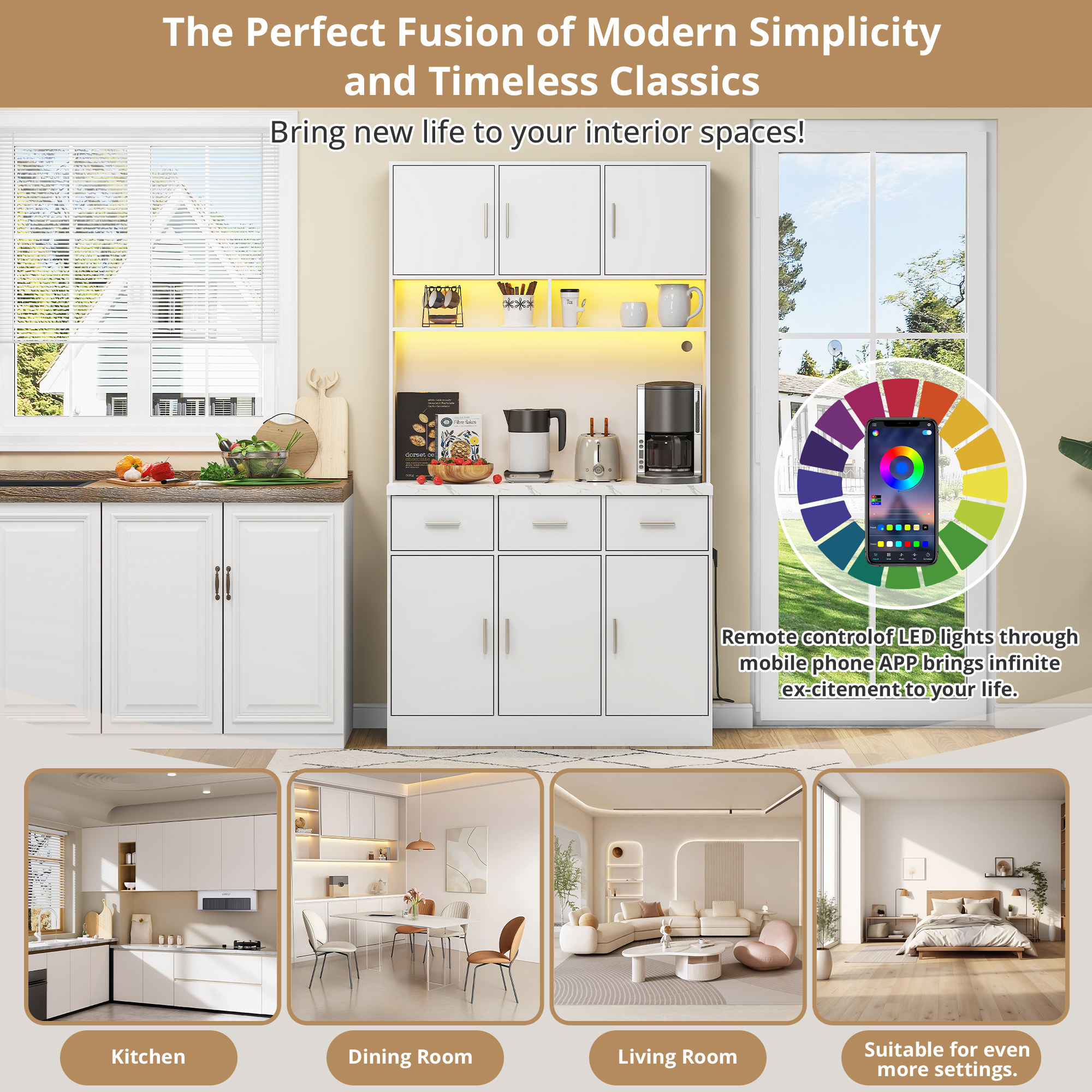 100x40x180cm, Kitchen Tall Cabinet, Pantry, Buffet Cupboard With LED App Controlled, Drawers, Adjustable Shelves, And Charging Station,  For Kitchens And Dining Rooms