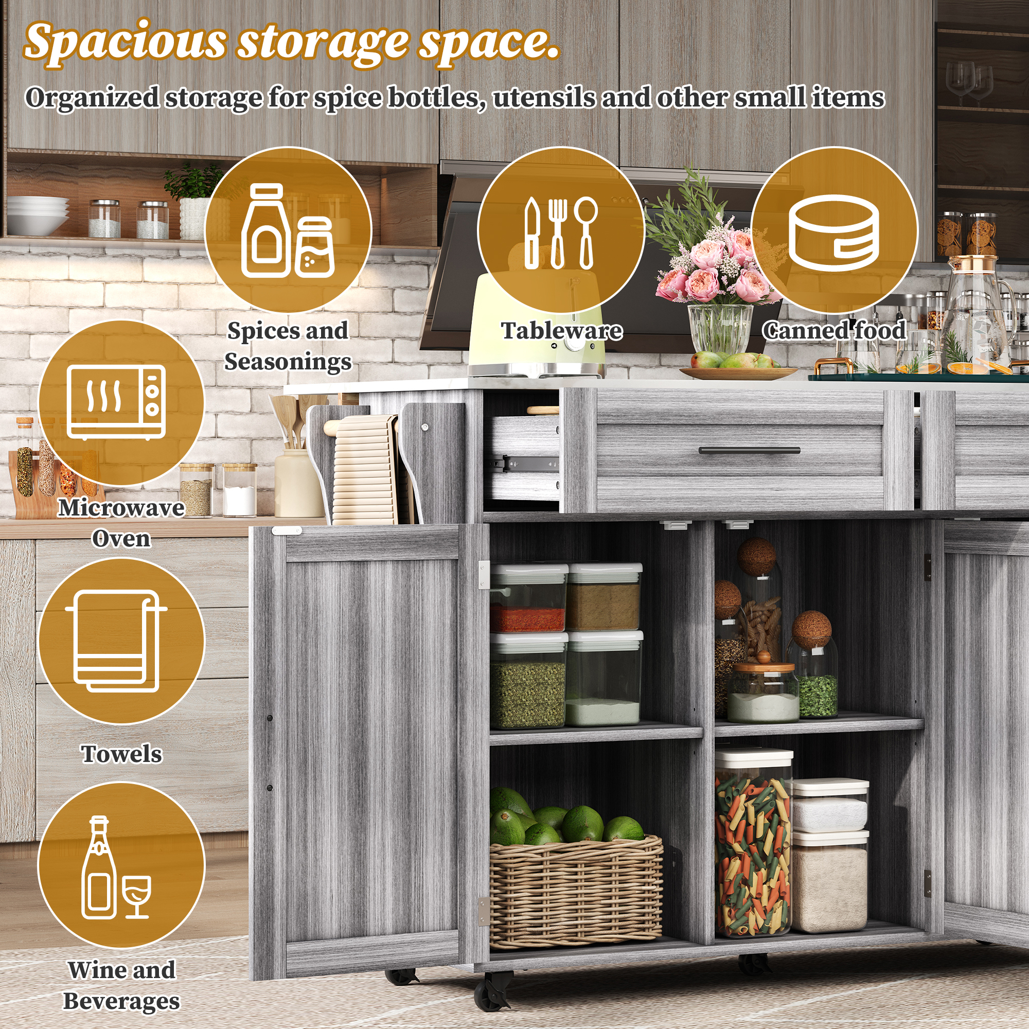 129x46  71x91cm Kitchen Island On Wheels, With Foldable Tabletop, Adjustable Shelves, Rolling Trolley With Storage Cabinets And 2 Drawers, For The Dining Room  Living Room