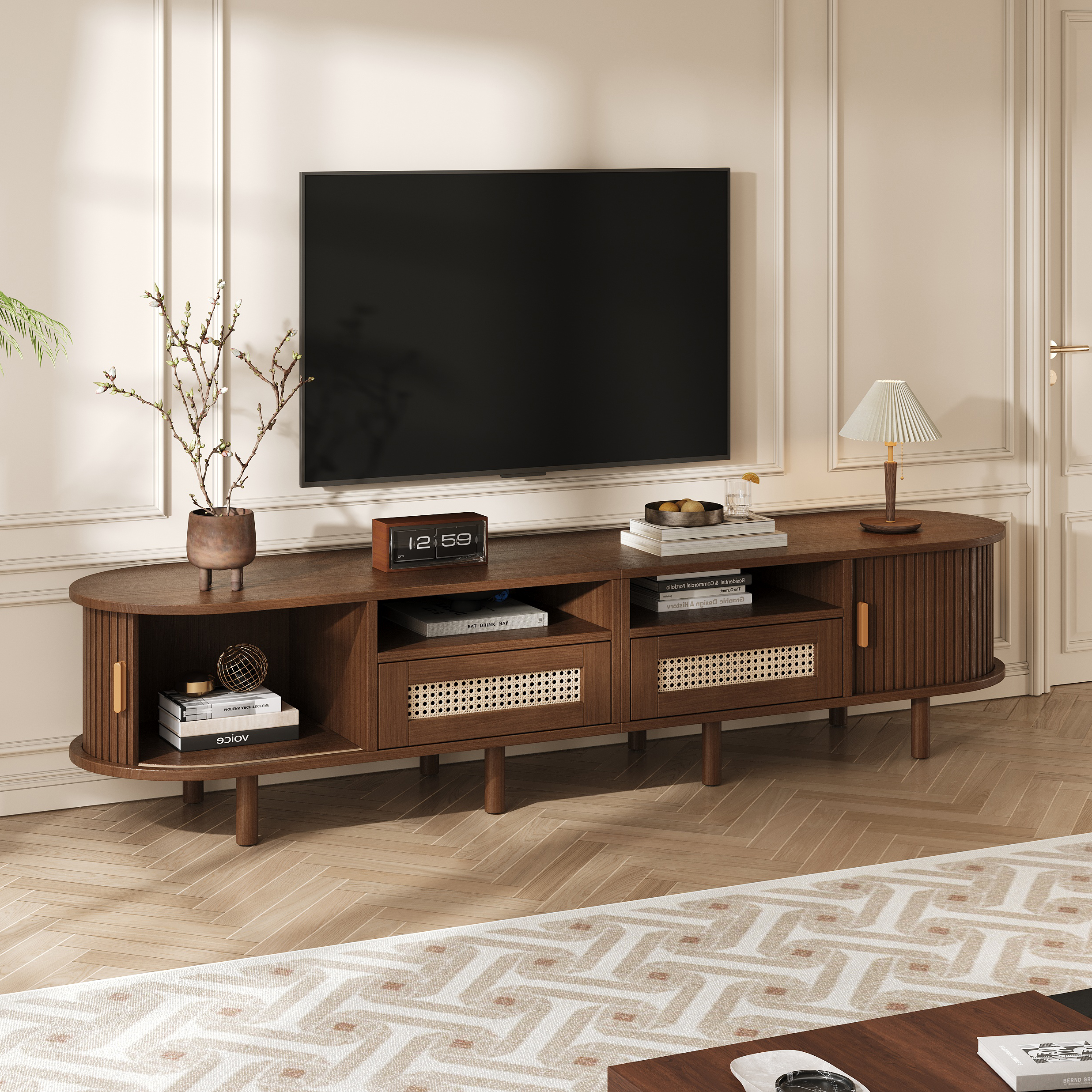 TV Stand With 2 Rattan Drawer And 2 Sliding Doors,Oval TV Cabinet Storage — image 4