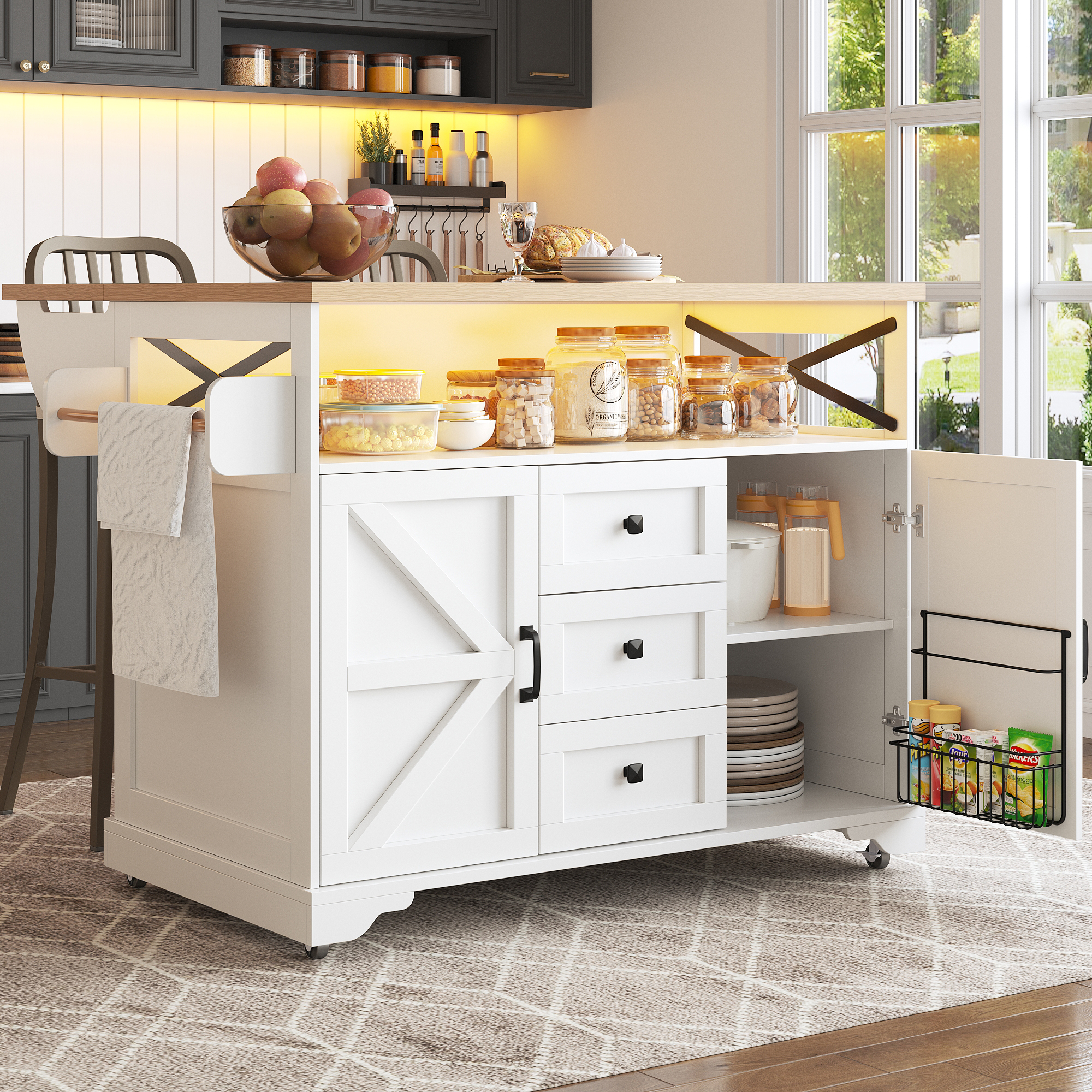 Serving Cart Kitchen Rollable With Drop-Leaf Table & App LED Lighting, Snack Shelves, Multifunctional As Kitchen Island Mobile Bar Side Table, Modern Kitchen Island, Kitchen Cabinet, Dining Table