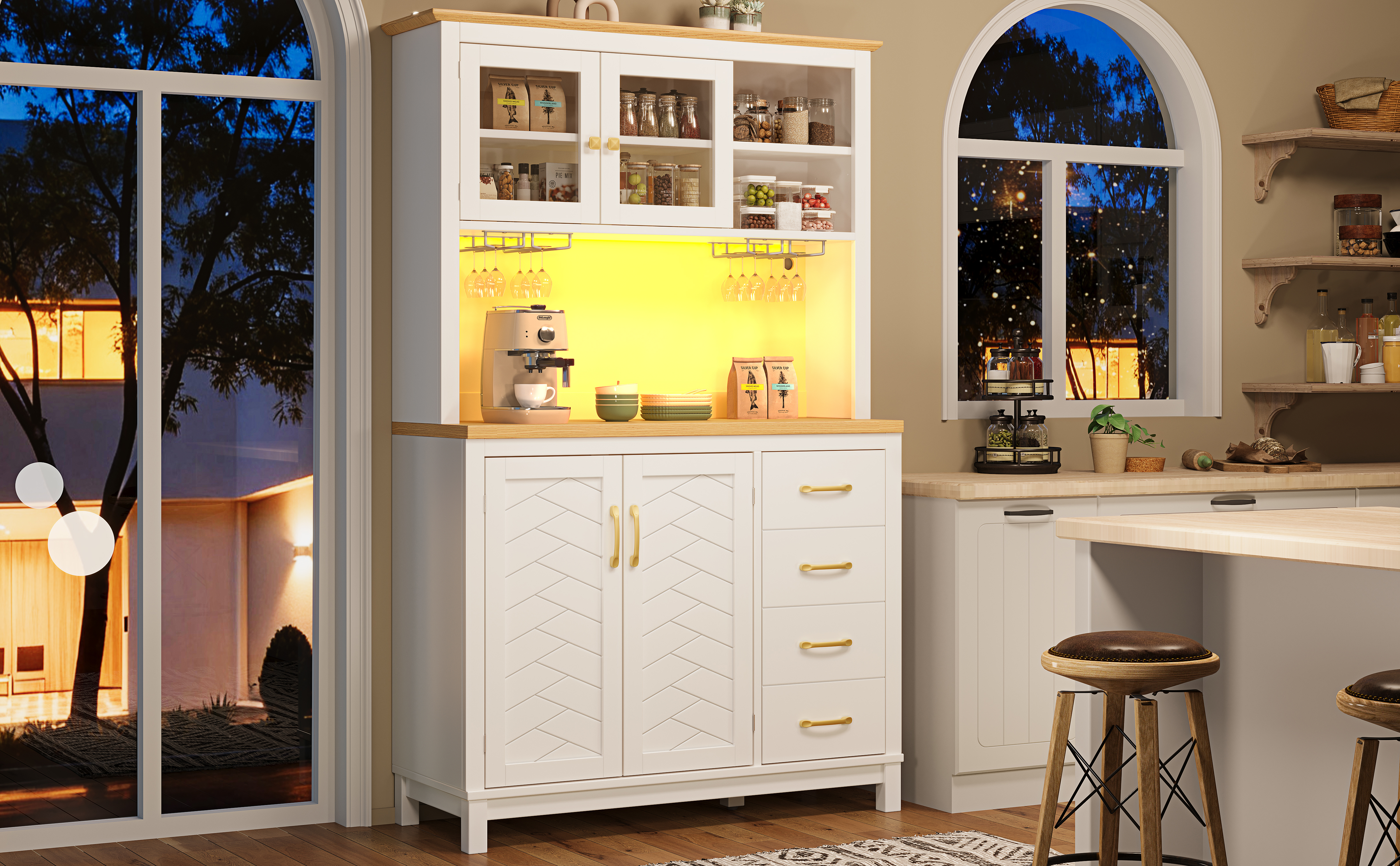 Sideboard  Storage Cabinet  Kitchen Cabinet  Buffet Cabinet, 105.5x40x180cm, Farmhouse Style, 4 Doors, With LED Light Strip & Drink Holders, White