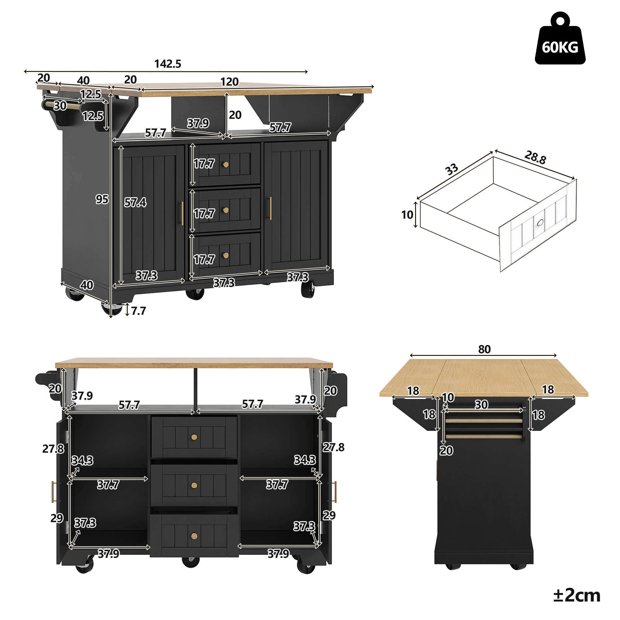 Kitchen Island, Cabinet, Sideboard 120 X 40 80X 95 Cm, Extendable Kitchen Trolley With Casters, Extendable On Both Sides, With Towel Rail And Spice Rack, Two Doors, Three Drawers, Black White
