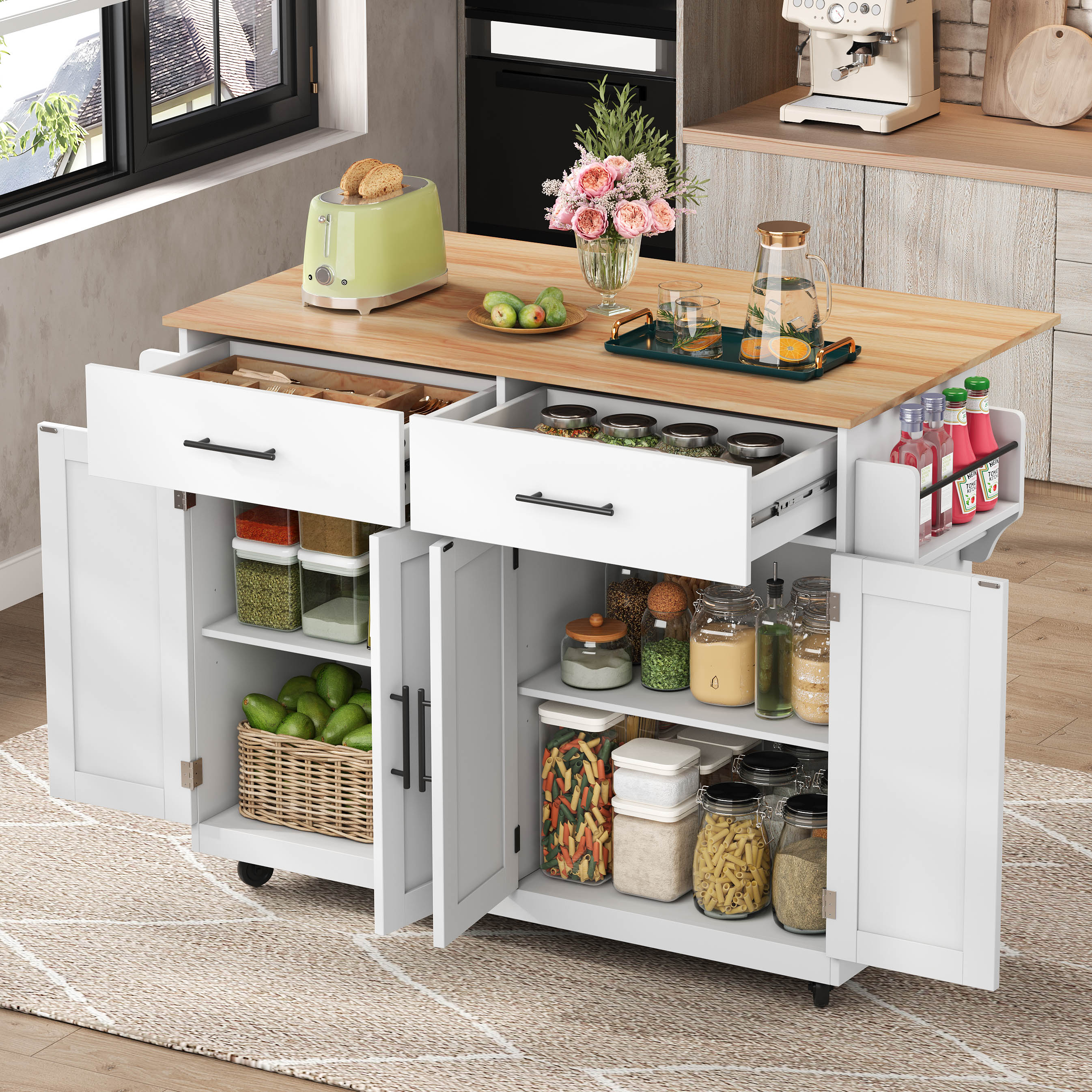 Kitchen Island On Wheels,Dropleaf  Trolley, Serving Cart With Foldable Tabletop,120x46   70x91 Cm, Interchangeable Wheels & Solid Wood Feet, For Dining Room  Living Room
