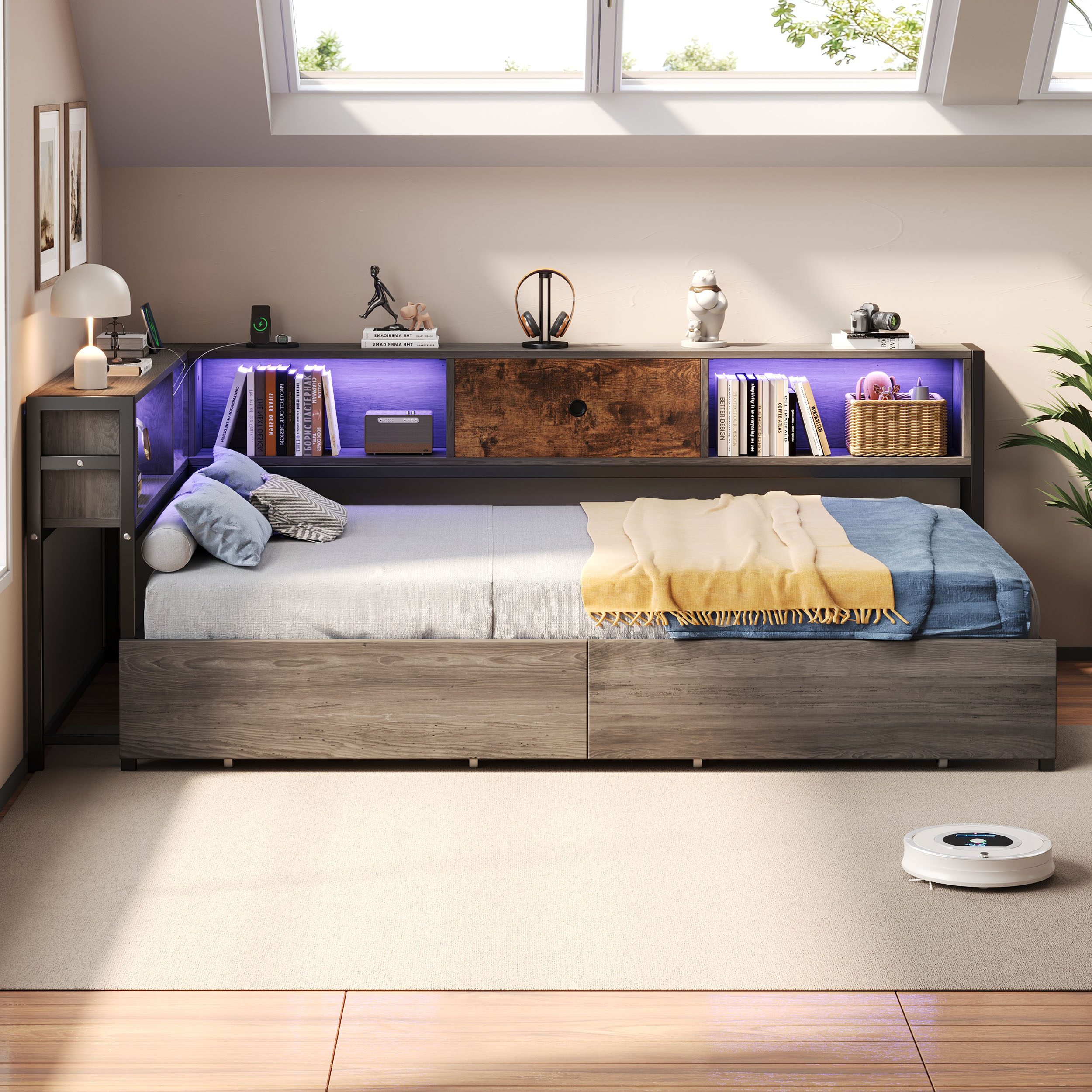 3ft Single Metal And Wood Bed With RGB LED Lights & Charging Station USB & Type-C, Built-in Shelves And Bedside Storage, Two Storage Drawers, Two Assembly Methods, Grey, Rustic Brown No Mattress
