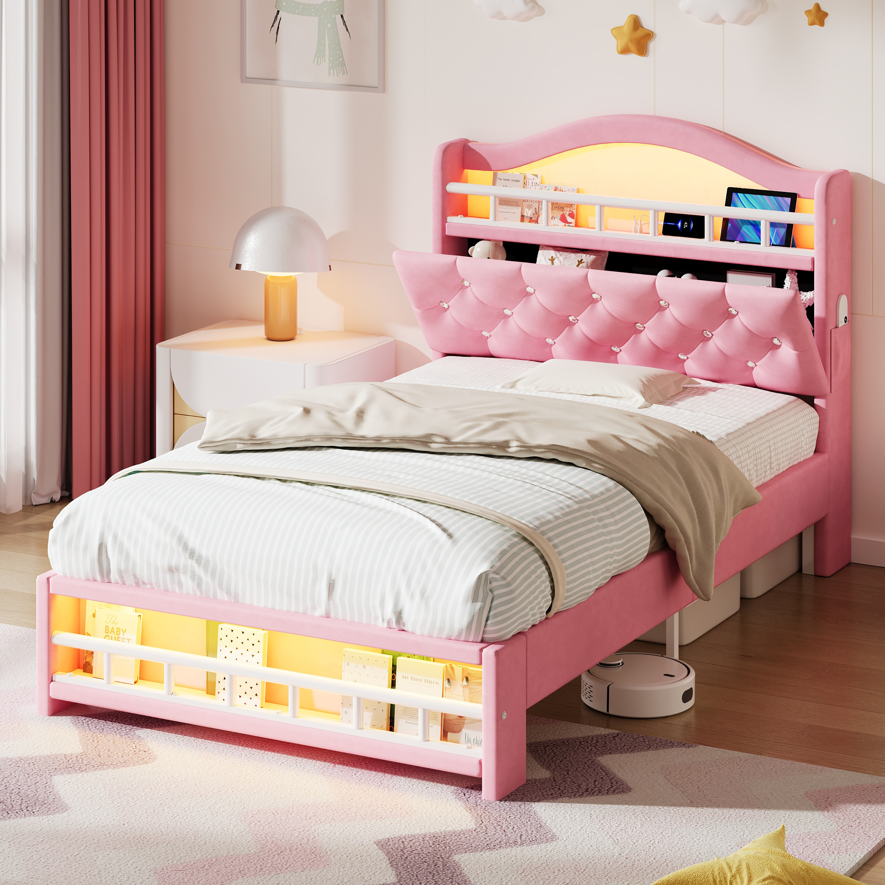 3ft Single Upholstered Velvet Bed Frame, LED Bed Frame With Charging Station & Diamond Tufted Headboard, Concealed Headboard Storage With USB And Type - C Ports, Easy Assembly, Pink No Mattress