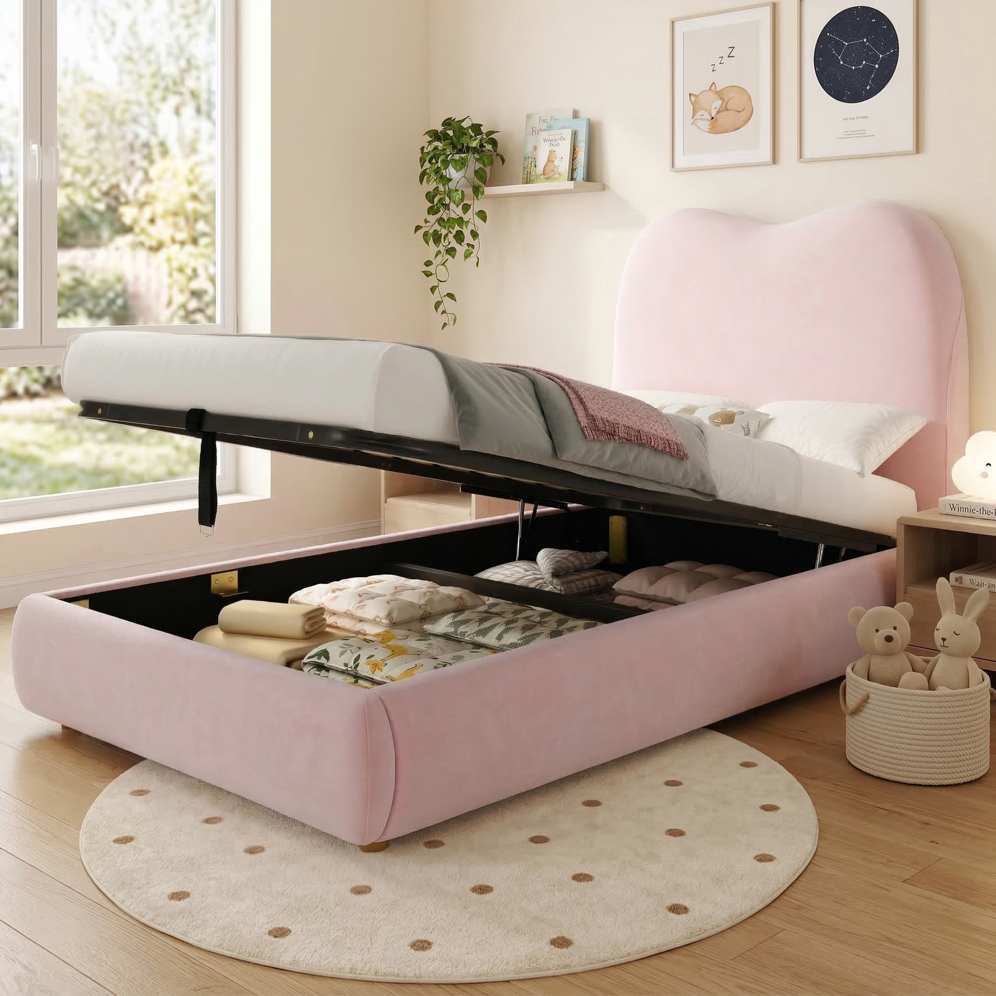 Children's pink velvet single ottoman bed with hydraulic storage