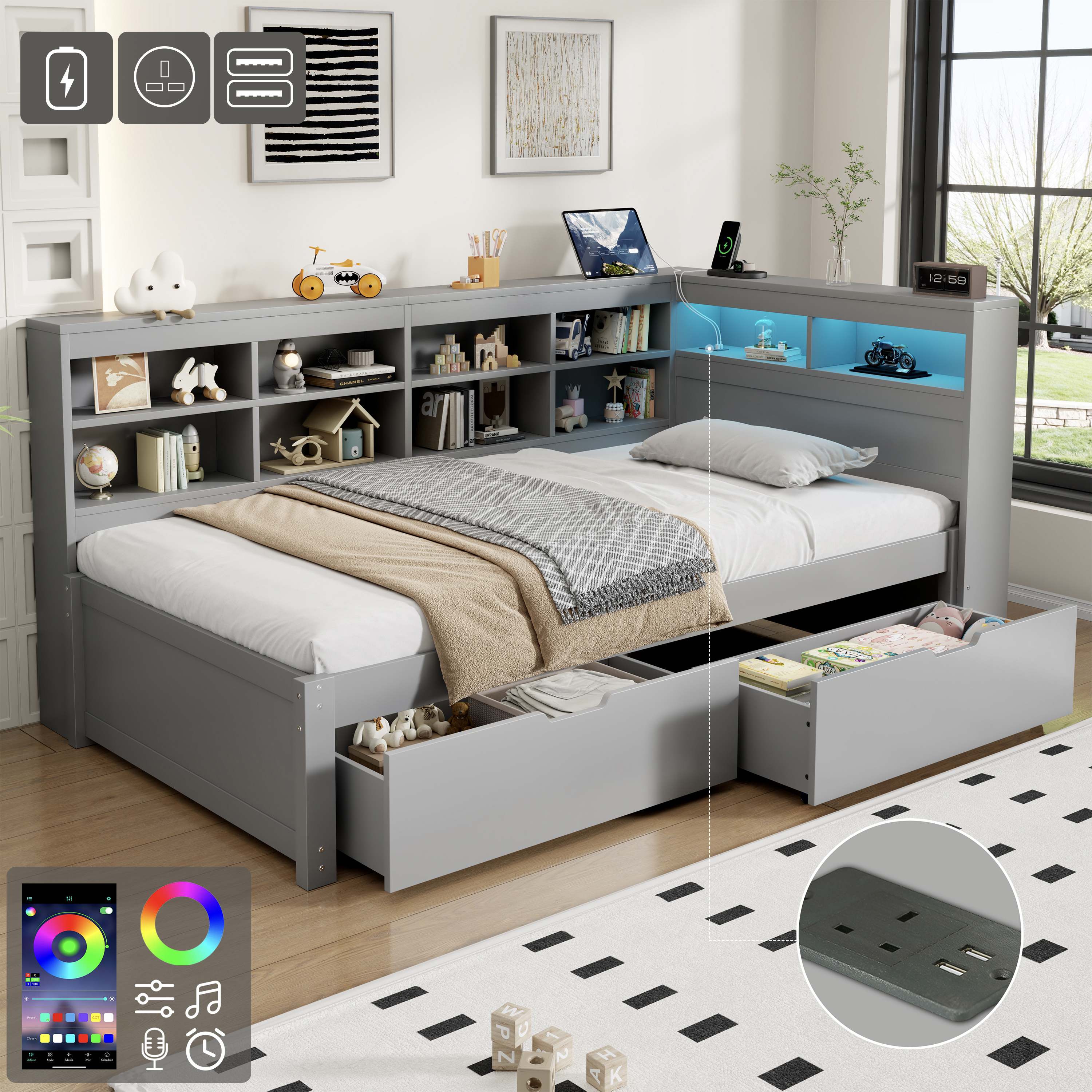 3ft Single Daybed With Two Storage Drawers And Beside LED Modern Bed Frame — image 4