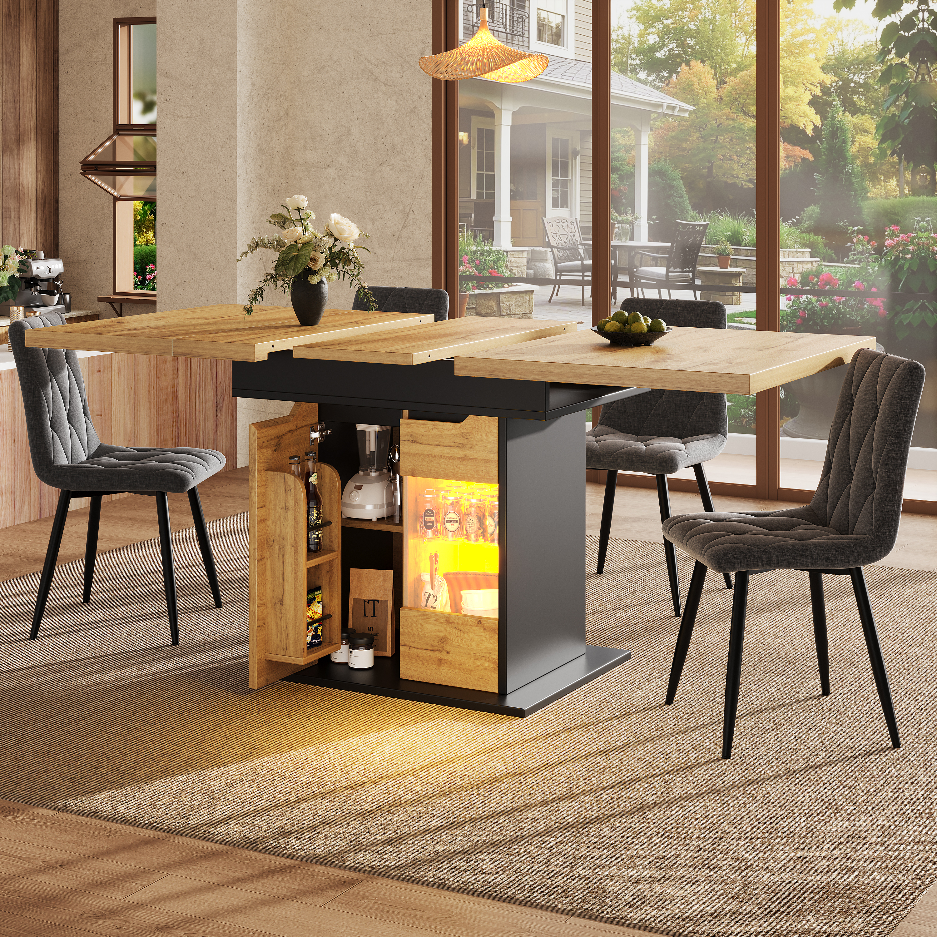 Telescopic Dining Table 110-140X80cm, Foldable Kitchen Table For 4-6 People, Extendable Dining Table, Space-saving Kitchen Table, Table With LED Lighting And Snack Shelf, Cabinet Doors