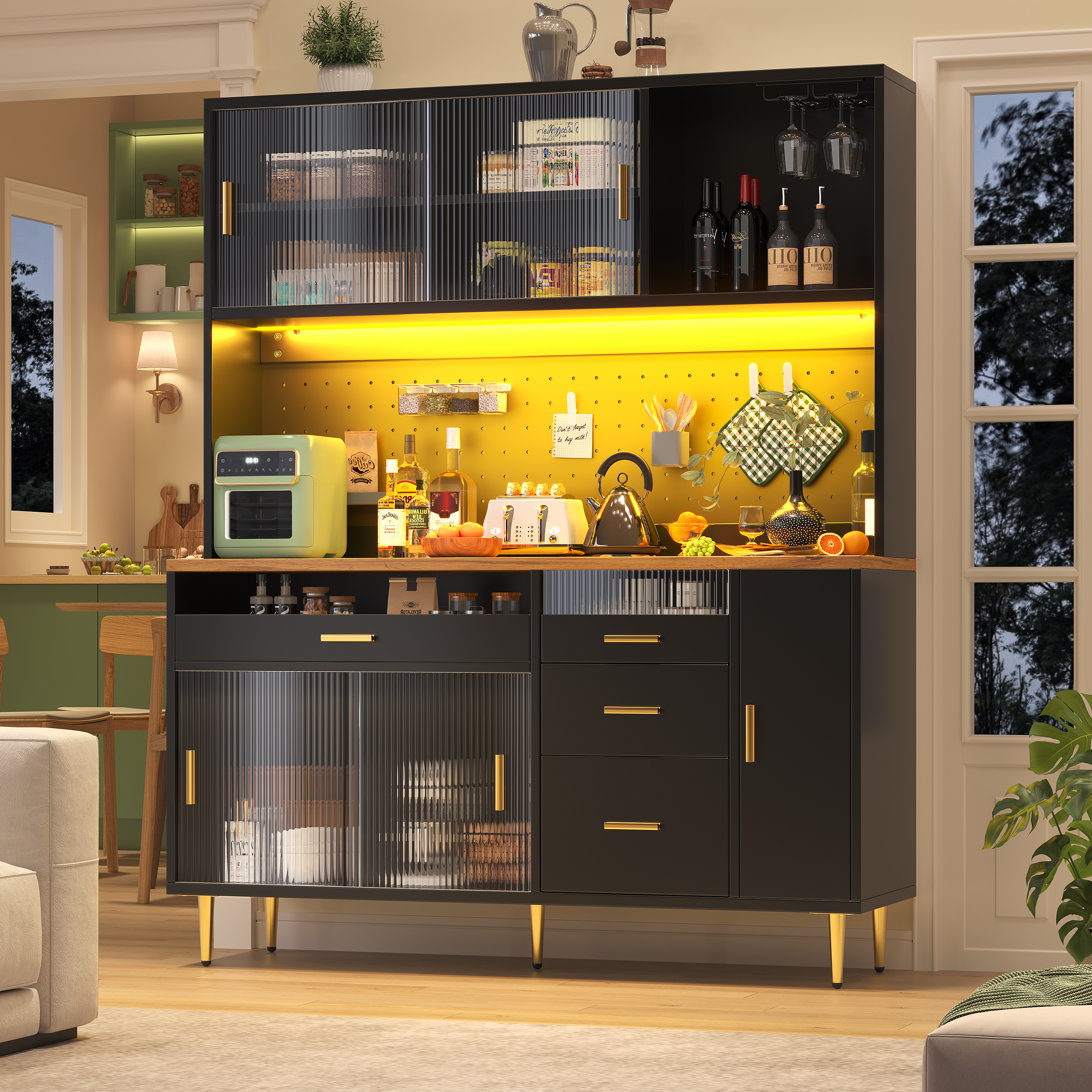 Highboard With LED Lighting & Pegboard Shelves, Tall Cabinet For Living Room, Kitchen & Dining Room Storage, Adjustable Freestanding Cupboard, 145x24x171cm, Black
