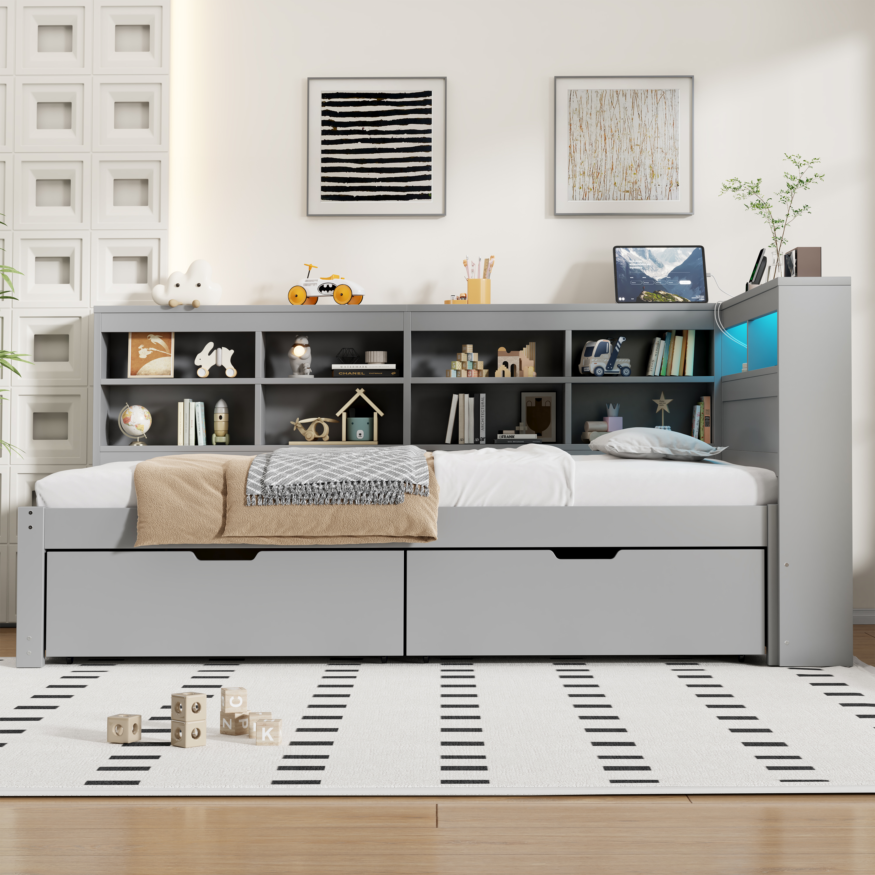 3ft Single Daybed With Two Storage Drawers And Beside LED Modern Bed Frame — image 2