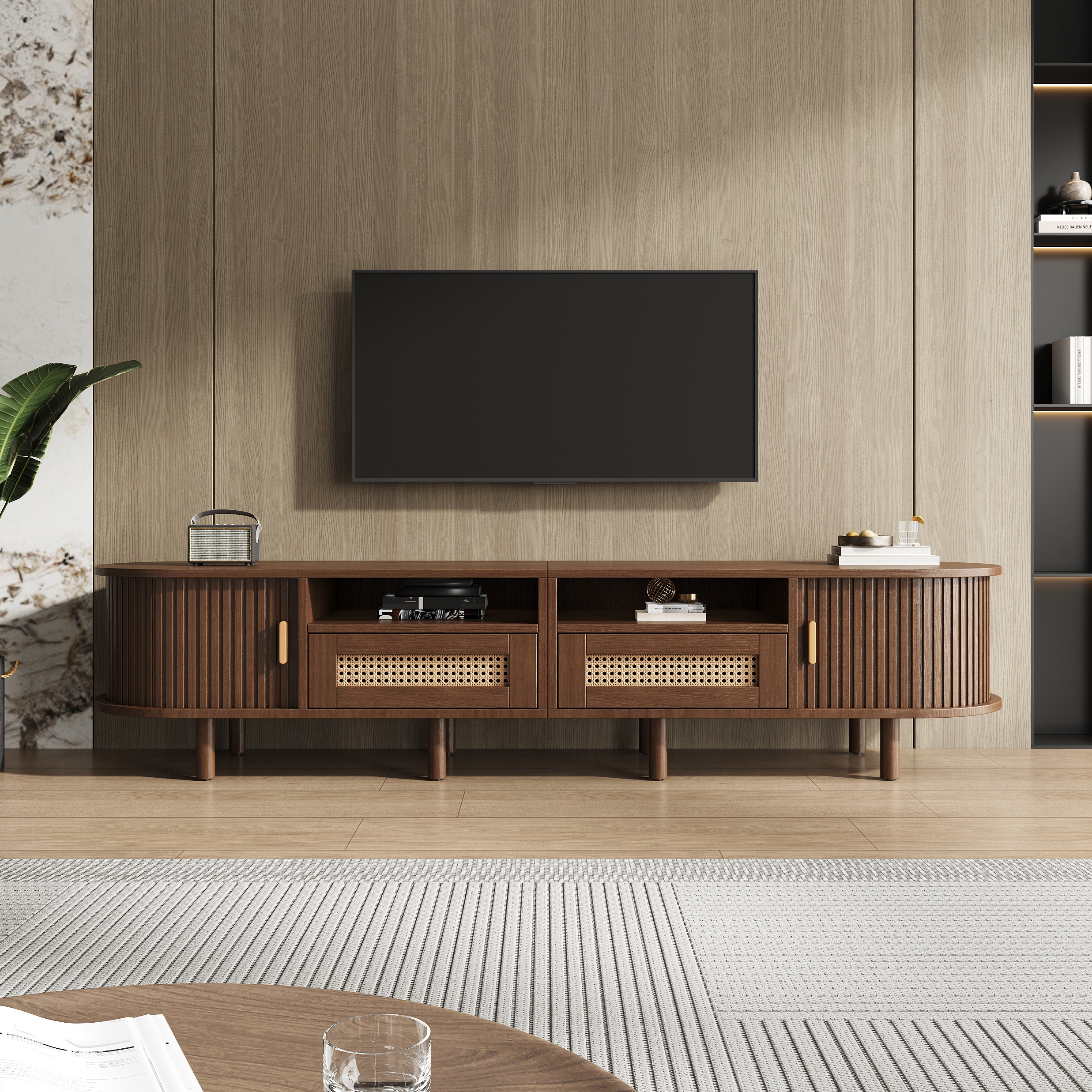 TV Stand With 2 Rattan Drawer And 2 Sliding Doors,Oval TV Cabinet Storage — image 3