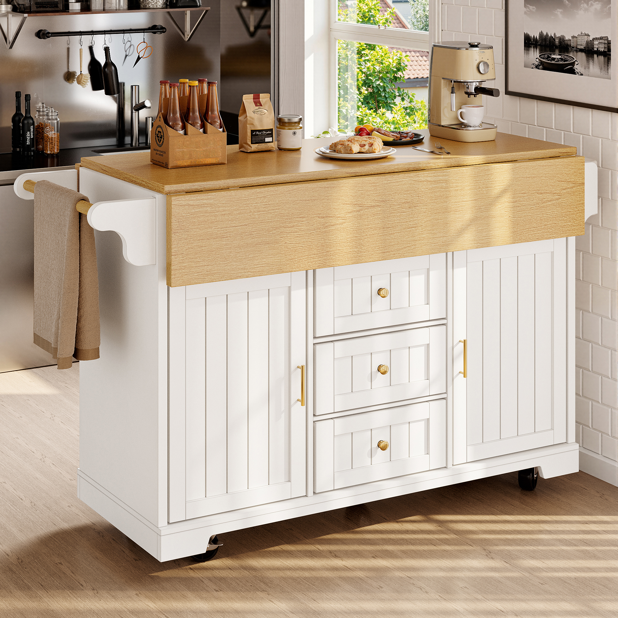 Kitchen Island, Cabinet, Sideboard 120 X 40  80 X 95 Cm, Extendable Kitchen Trolley With Casters, Extendable On Both Sides, With Towel Rail And Spice Rack, Two Doors, Three Drawers, Black White