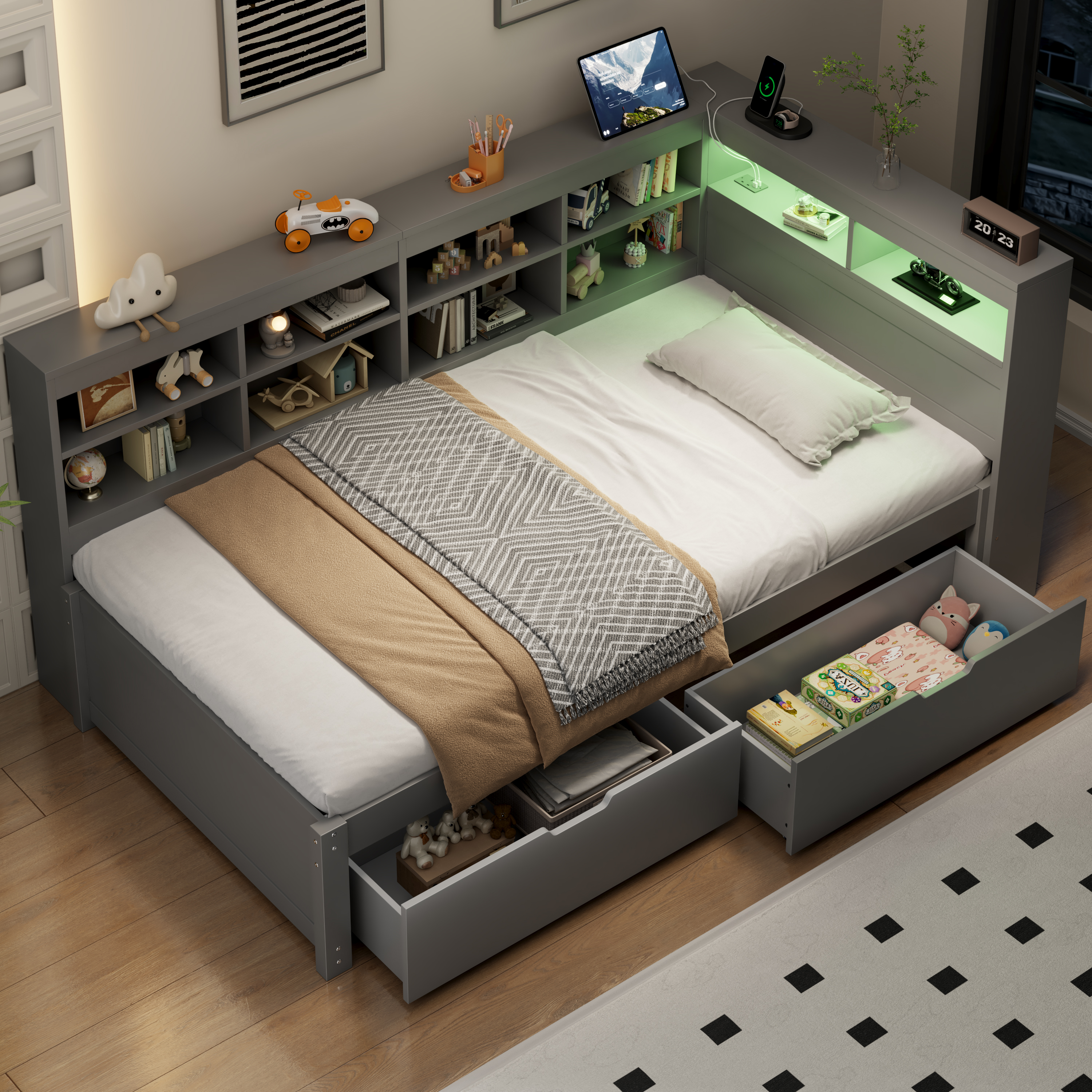 3ft Single Daybed With Two Storage Drawers And Beside LED Modern Bed Frame — image 5