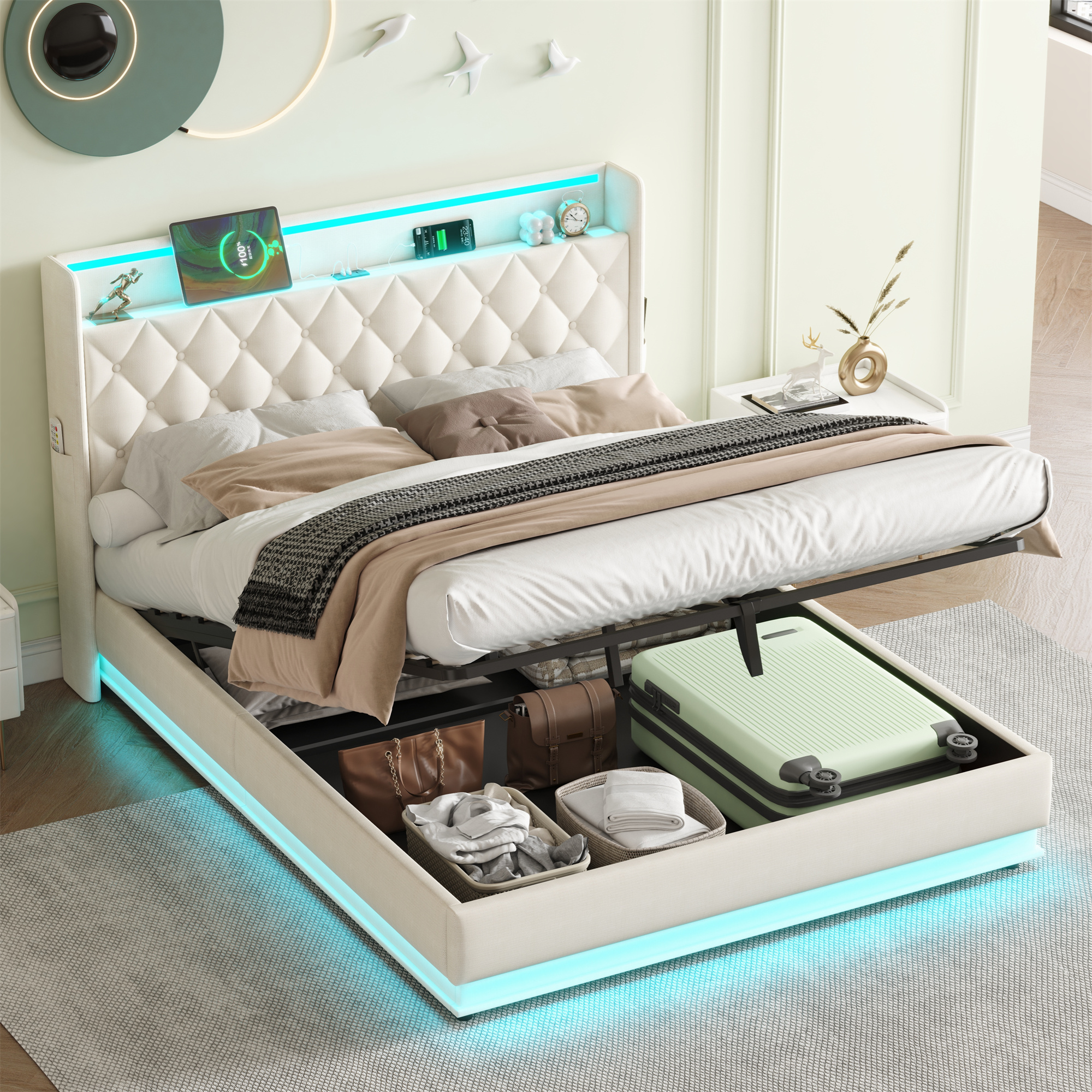 4ft6 Double Upholstered Bed Frame With Hydraulic Storage, Linen Ottoman Bed With LED Lighting And Charging Station, LED Button Tufted Headboard With USB And Type - C Ports, No Box Spring Needed, Beige