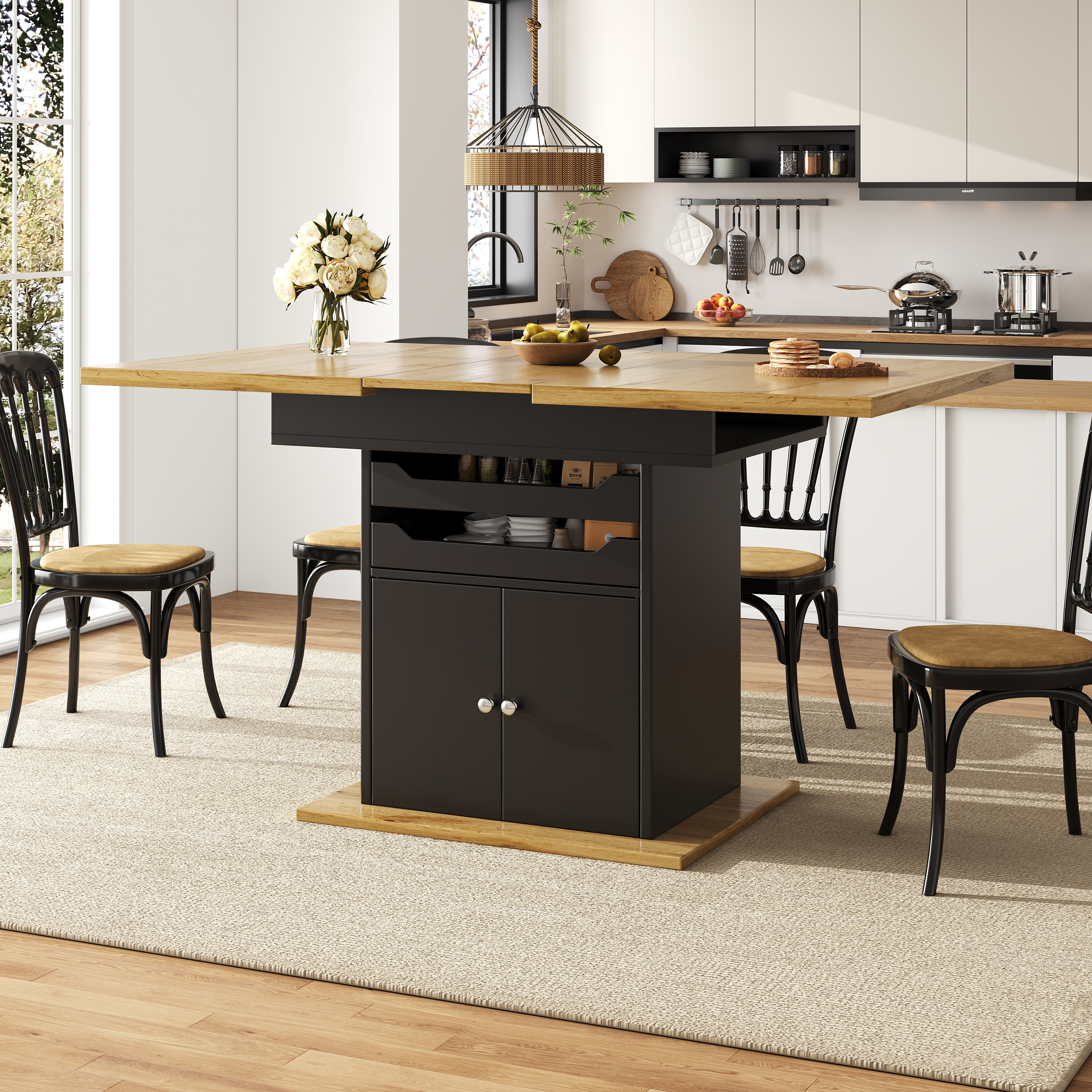 Telescopic Dining Table 110-140X80cm, Foldable Kitchen Table For 4-6 People, Extendable Dining Table, Space-saving Kitchen Table, Table With Two Drawers And A Storage Cabinet