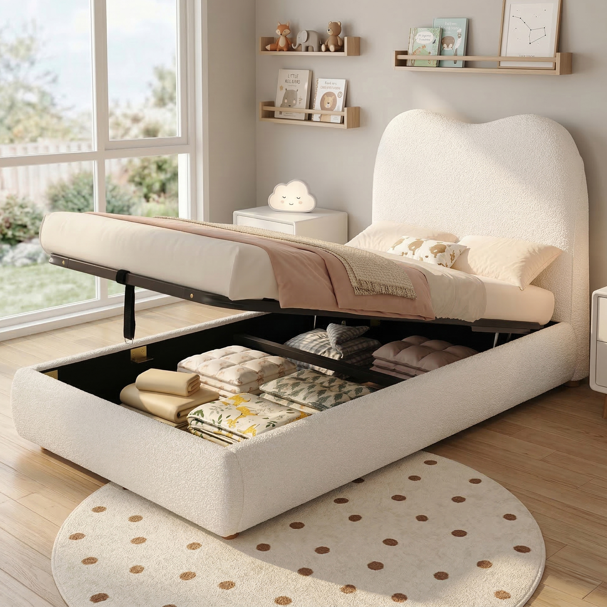 Beige boucle 3ft single ottoman bed with hydraulic storage and embedded mattress