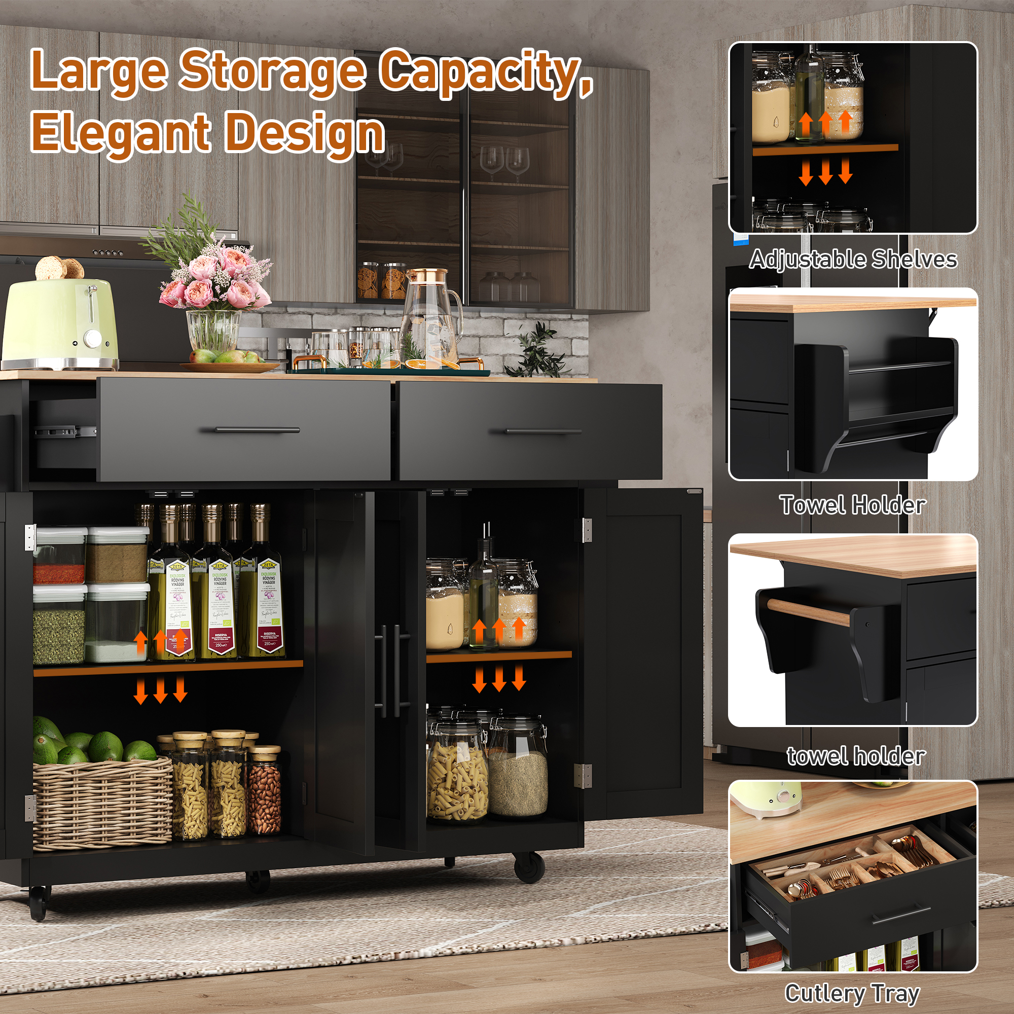 Kitchen Island On Wheels,Dropleaf  Trolley, Serving Cart With Foldable Tabletop,120x46  70x91 Cm, Interchangeable Wheels & Solid Wood Feet, For Dining Room Living Room