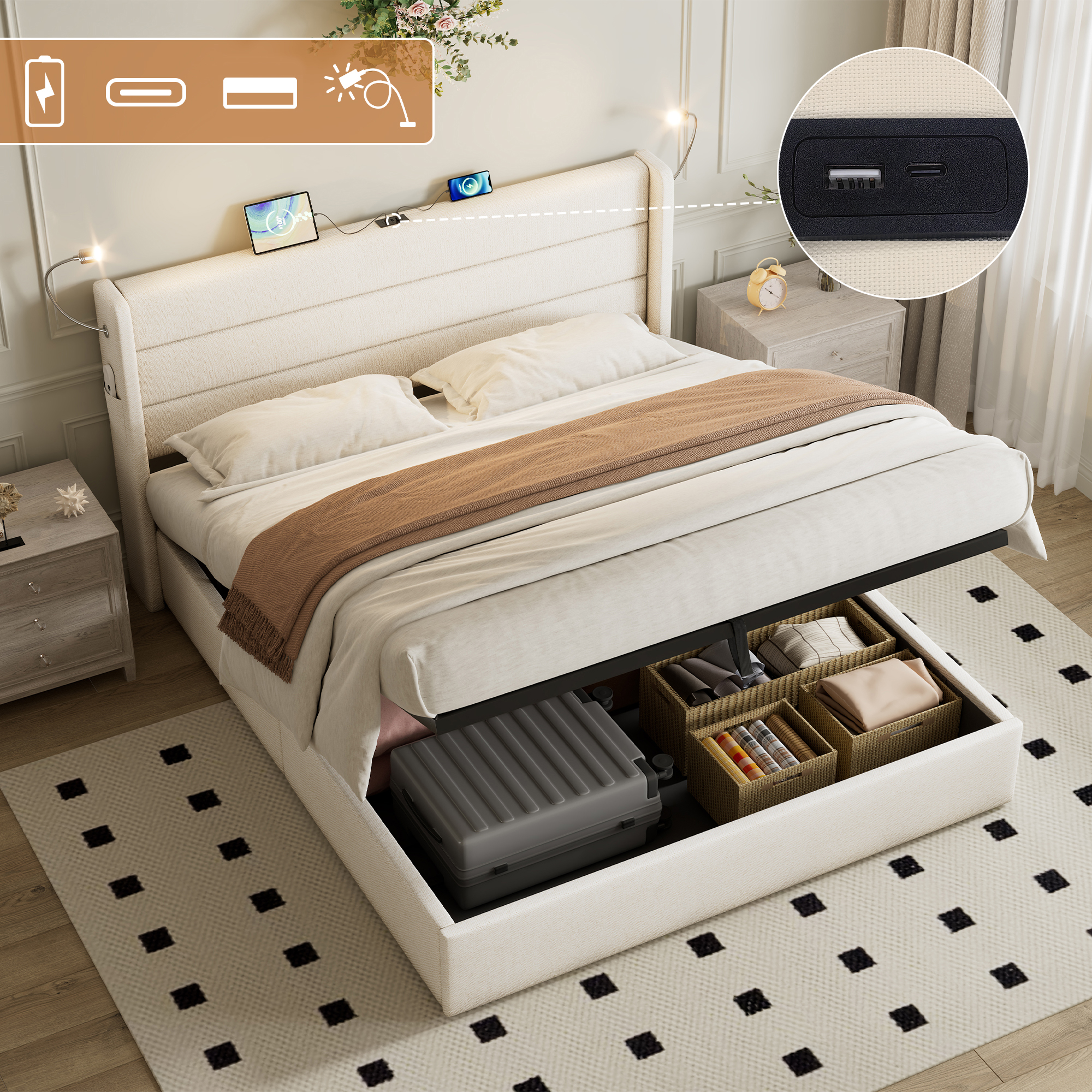 King Upholstered Bed With Charging Station, Linen Hydraulic Storage Bed With Adjustable LED Reading Light, 5ft Double Bed With USB And Type - C Ports, Beige No Mattress - Image 1
