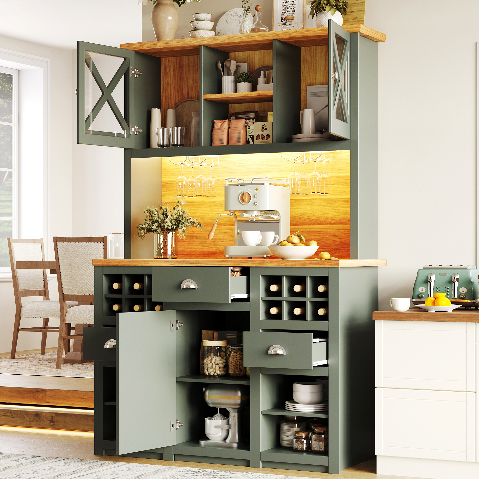 Kitchen Cabinets 120 X 45 X 188 Cm, Tall Kitchen Cabinets, Sideboards, Kitchen Cabinets With Glass Doors And LED Lighting, Side Cabinet With Wine Rack, Adjustable Shelves, Green
