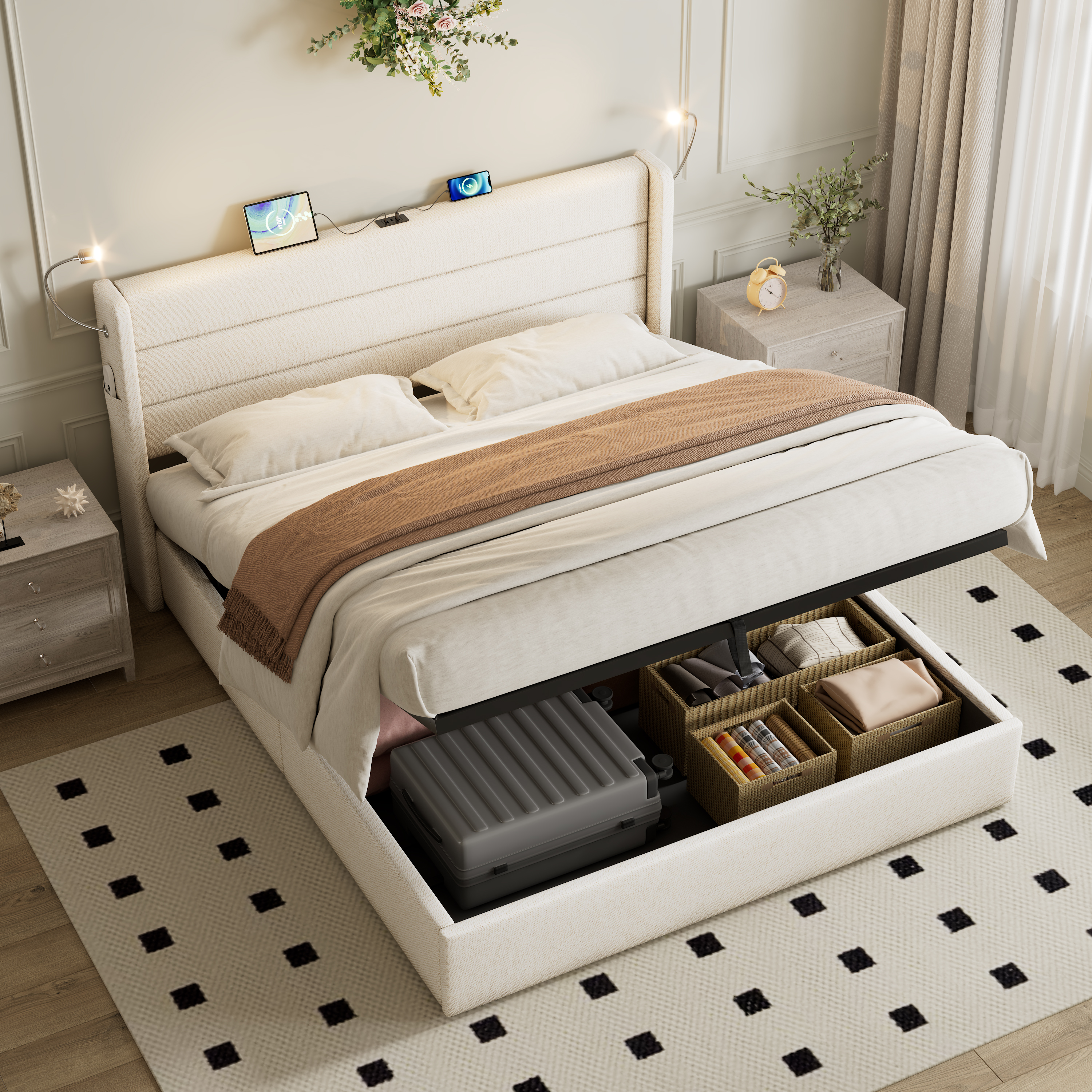 King Upholstered Bed With Charging Station, Linen Hydraulic Storage Bed With Adjustable LED Reading Light, 5ft Double Bed With USB And Type - C Ports, Beige No Mattress