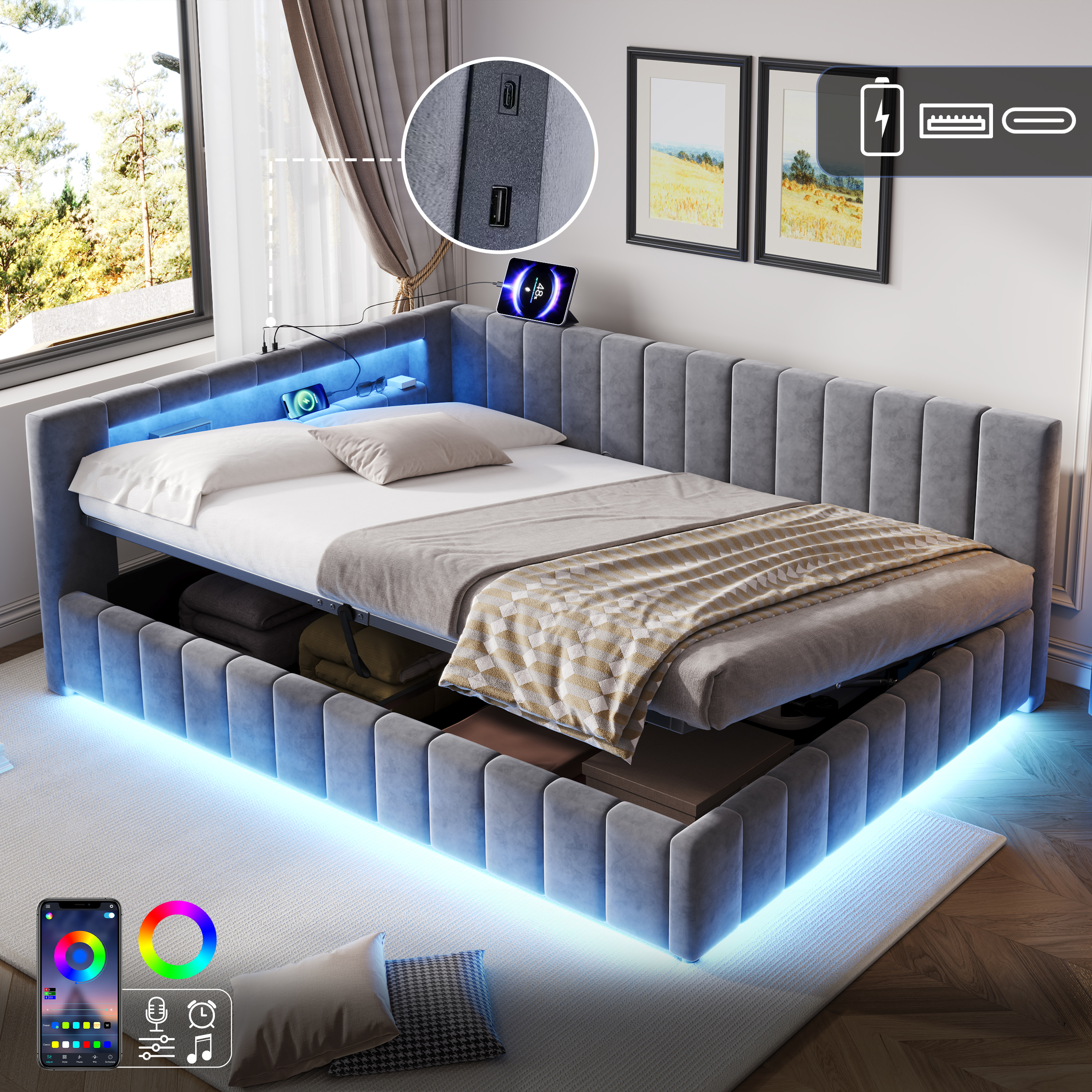 4ft6 Double Velvet Side Hydraulic Storage Bed With Smart RGB LED Lights & Charging Station, Side Opening Ottoman Bed Frame With Type-C & USB Ports, Channel Tufted, Grey No Mattress - Image 1