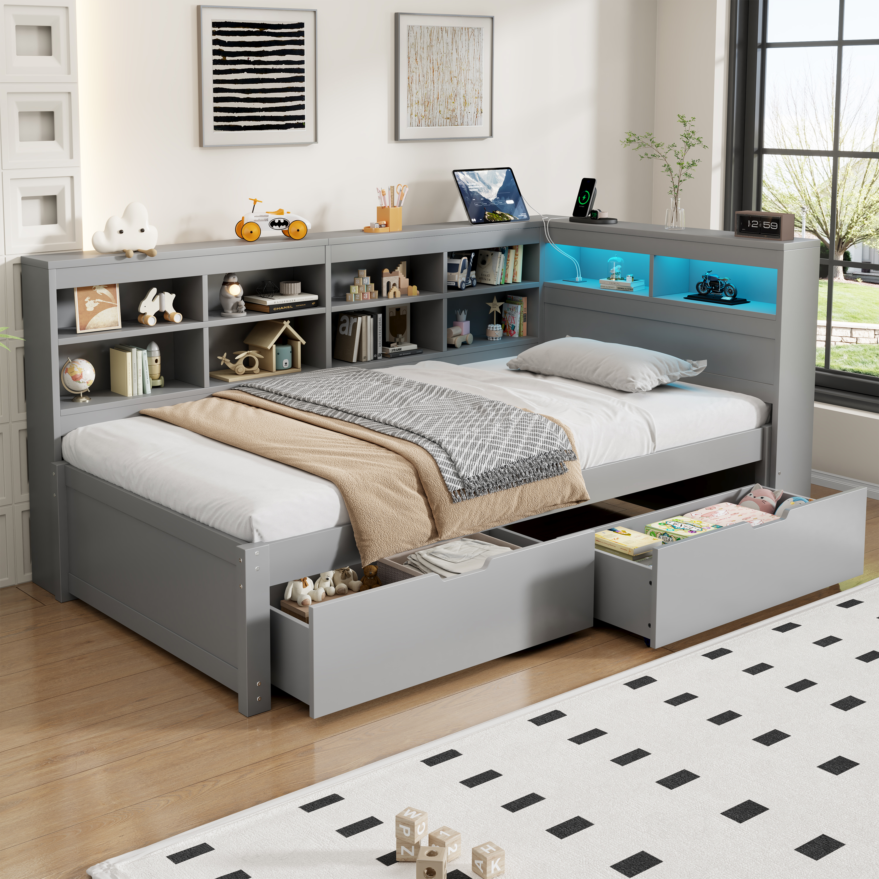 3ft Single Daybed With Two Storage Drawers And Beside LED Modern Bed Frame — image 3