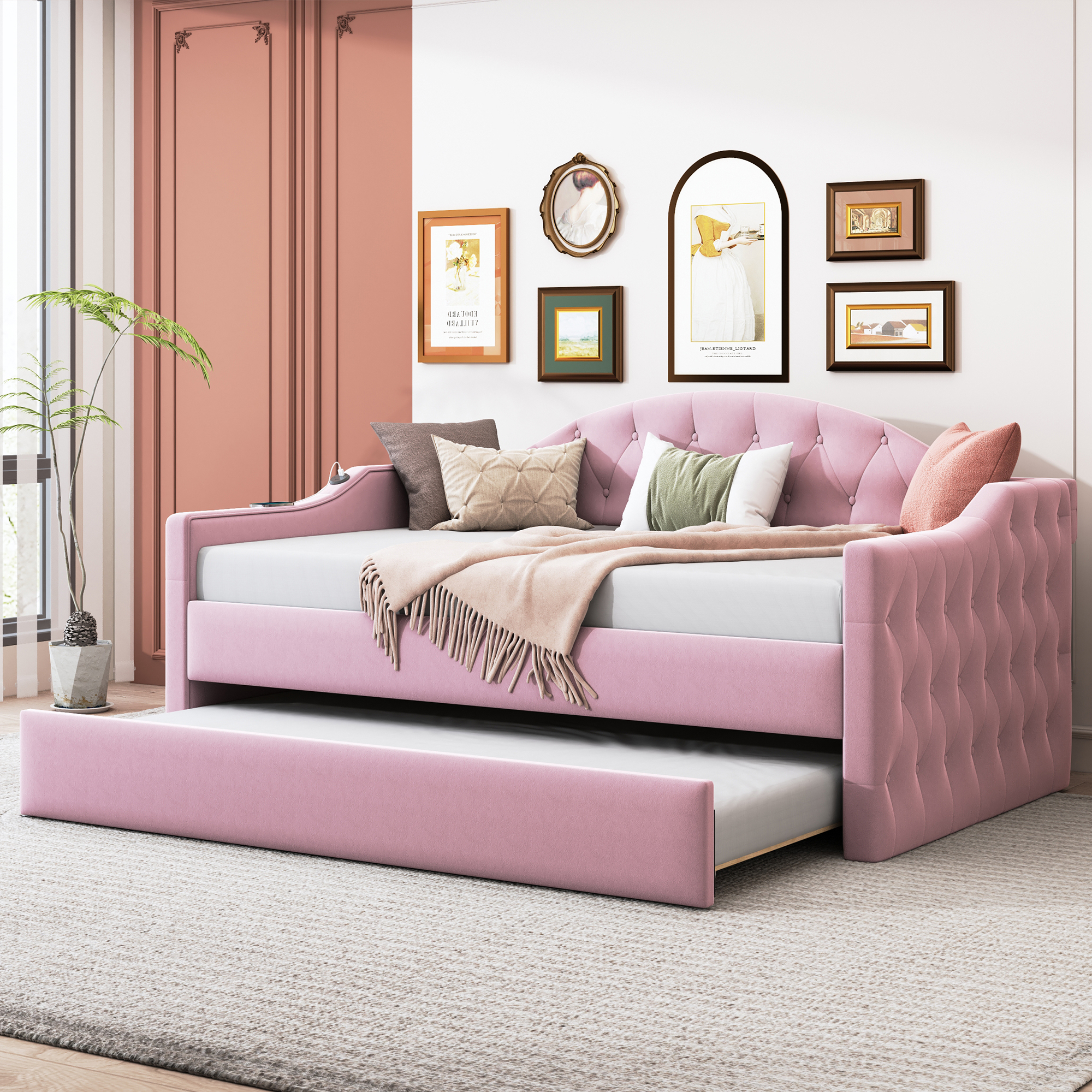 Twin Size Tufted Upholstered Daybed With Trundle ,Velvet Sofabed With USB&Type-C Charging Ports,No Box-spring Needed - Image 1