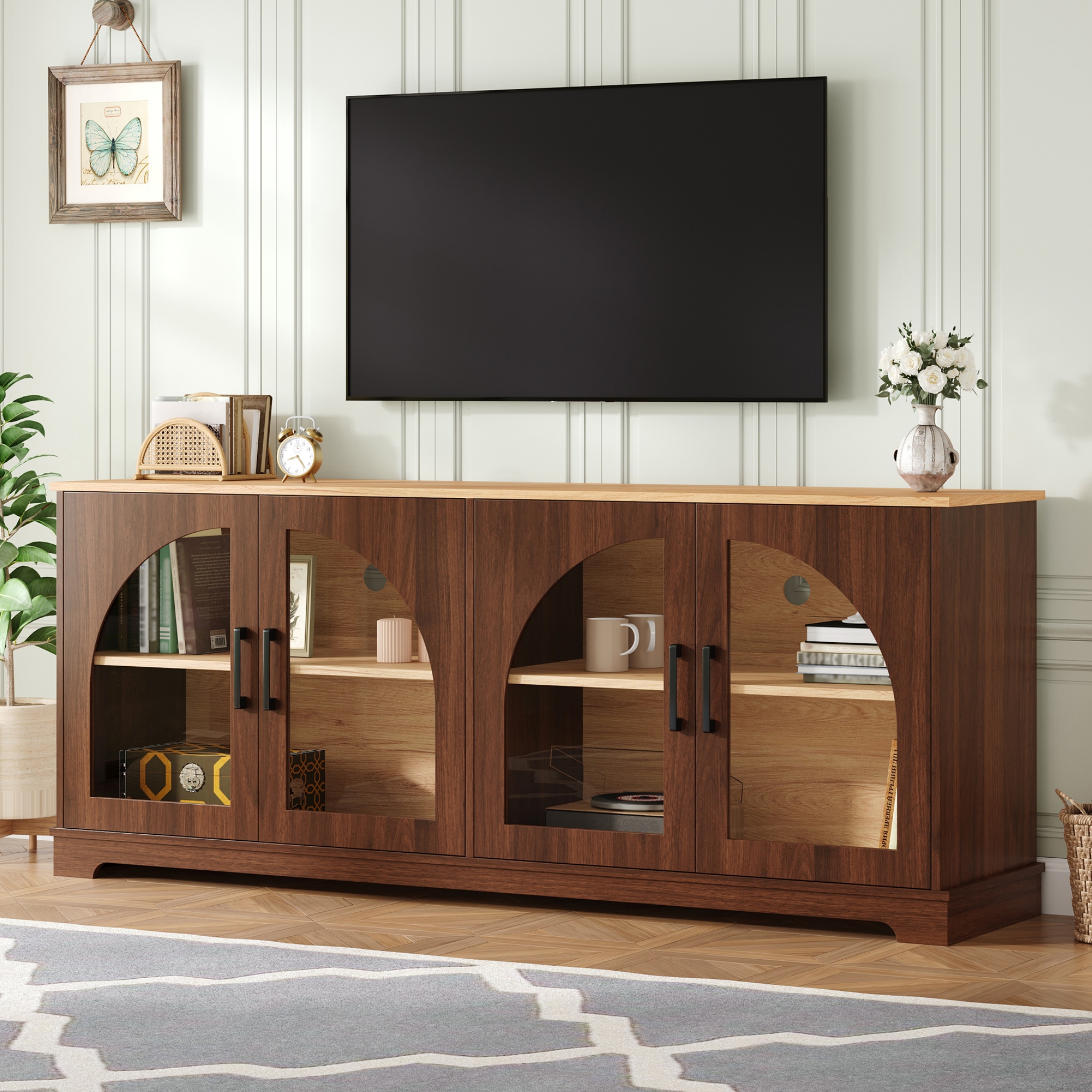 Farmhouse TV Stand With Semi-Arched Glass Doors For TVs Up To 70, Elegant Two-Tone Media Console With Adjustable Shelves, Wood Grain Sideboard With Cable Management For Living Room, Walnut Natural