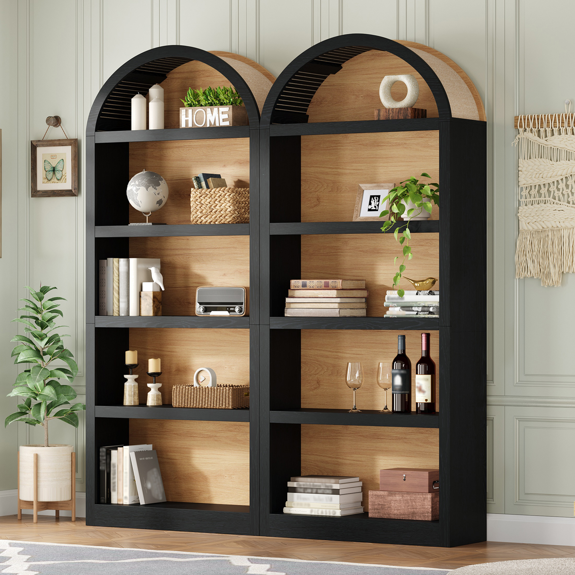 ON-TREND Freestanding Tall Bookshelves Set Of 2, Farmhouse Two-Tone Open Storage Cabinet With Fabric Arched Top, 5-Tier Display Bookcase For Living Room, Bedroom, Home Office, Black Natural