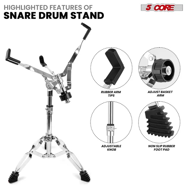 5 Core Snare Drum Stand W Drum Sticks Holder Double Braced Heavy Duty Tripod Stand Adjustable 22"