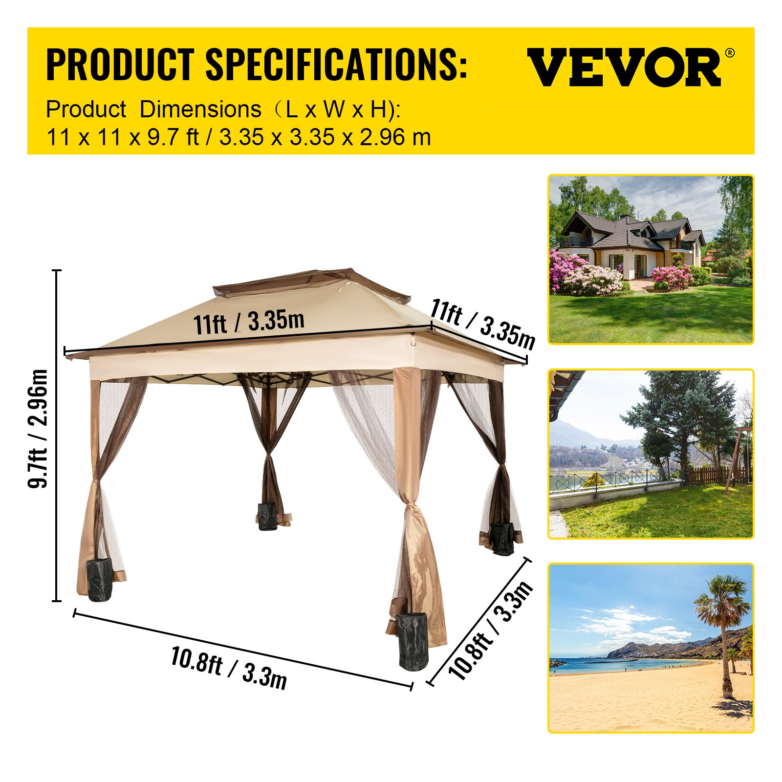 Outdoor Canopy Gazebo Tent, Portable Canopy Shelter With 11'x11' Large Shade Space For Party, Backyard, Patio Lawn And Garden, 4 Sandbags, Carrying Bag And Netting Included, Brown