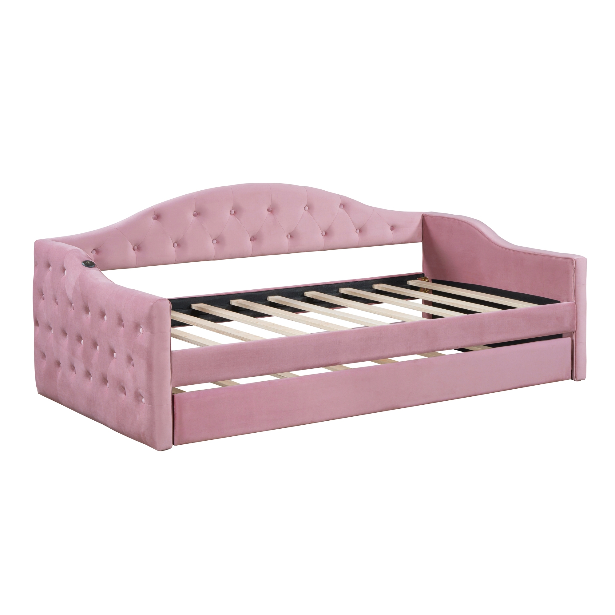 Twin Size Tufted Upholstered Daybed With Trundle ,Velvet Sofabed With USB&Type-C Charging Ports,No Box-spring Needed