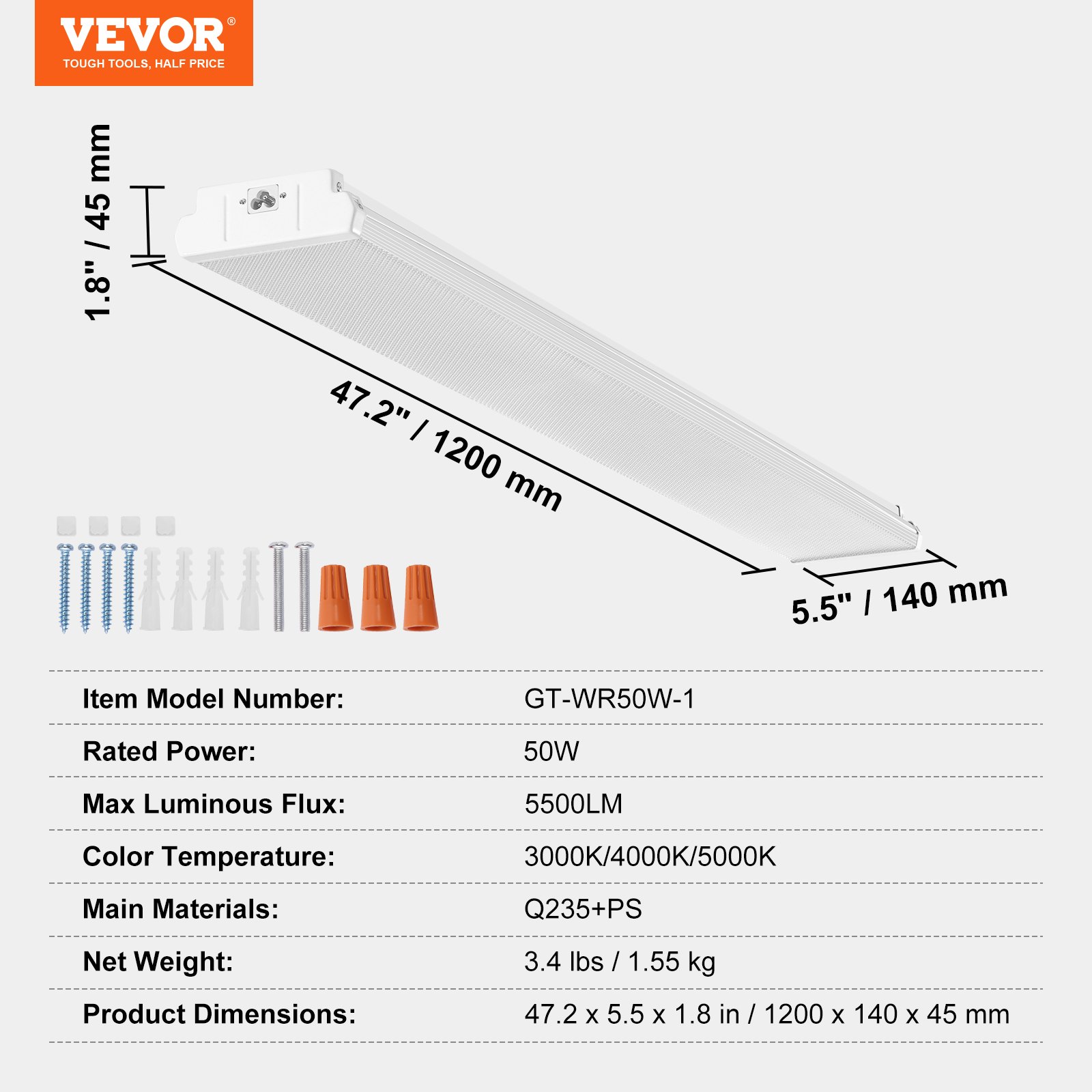 4FT LED Wraparound Light, 50W, 5500LM Flush Mount LED Shop Light, 3000K/4000K/5000K Adjustable LED Kitchen Ceiling Lighting Fixtures For Garage Office Laundry Fluorescent Tube Replacement, FCC