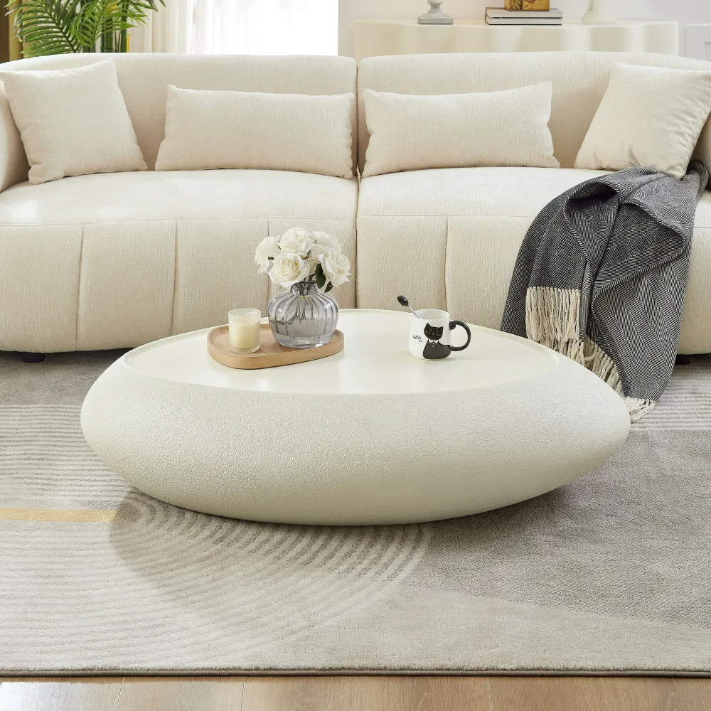 47.24''Fiberglass Oval Coffee Table For Living Room Elliptical Table,Faux Matte Rocks Table Front Of The Sofa, Irregular Center Table,No Need Assembly,White
