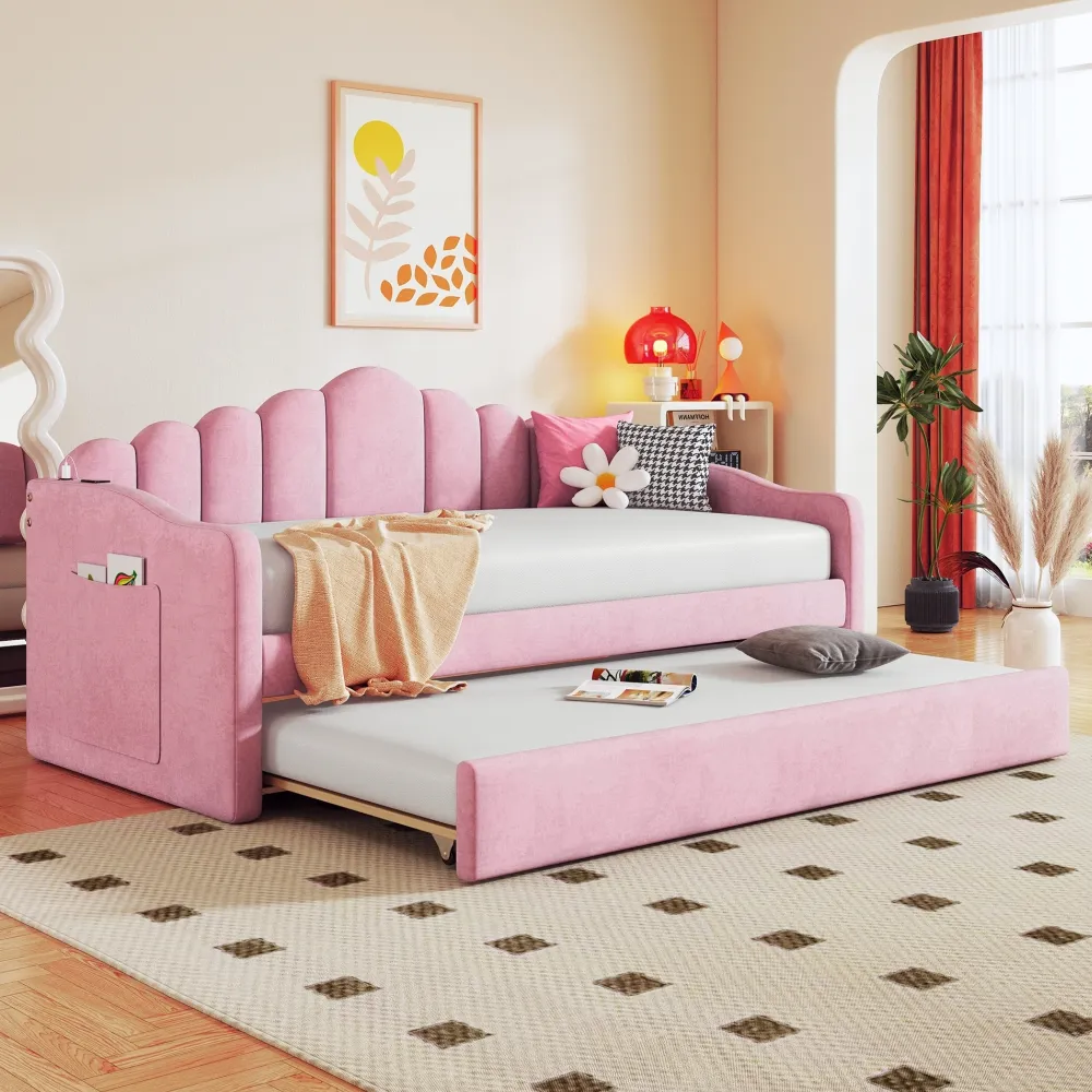 Twin Size Upholstered Daybed With Trundle ,Velvet Sofabed With USB Charging Ports,No Box-spring Needed,