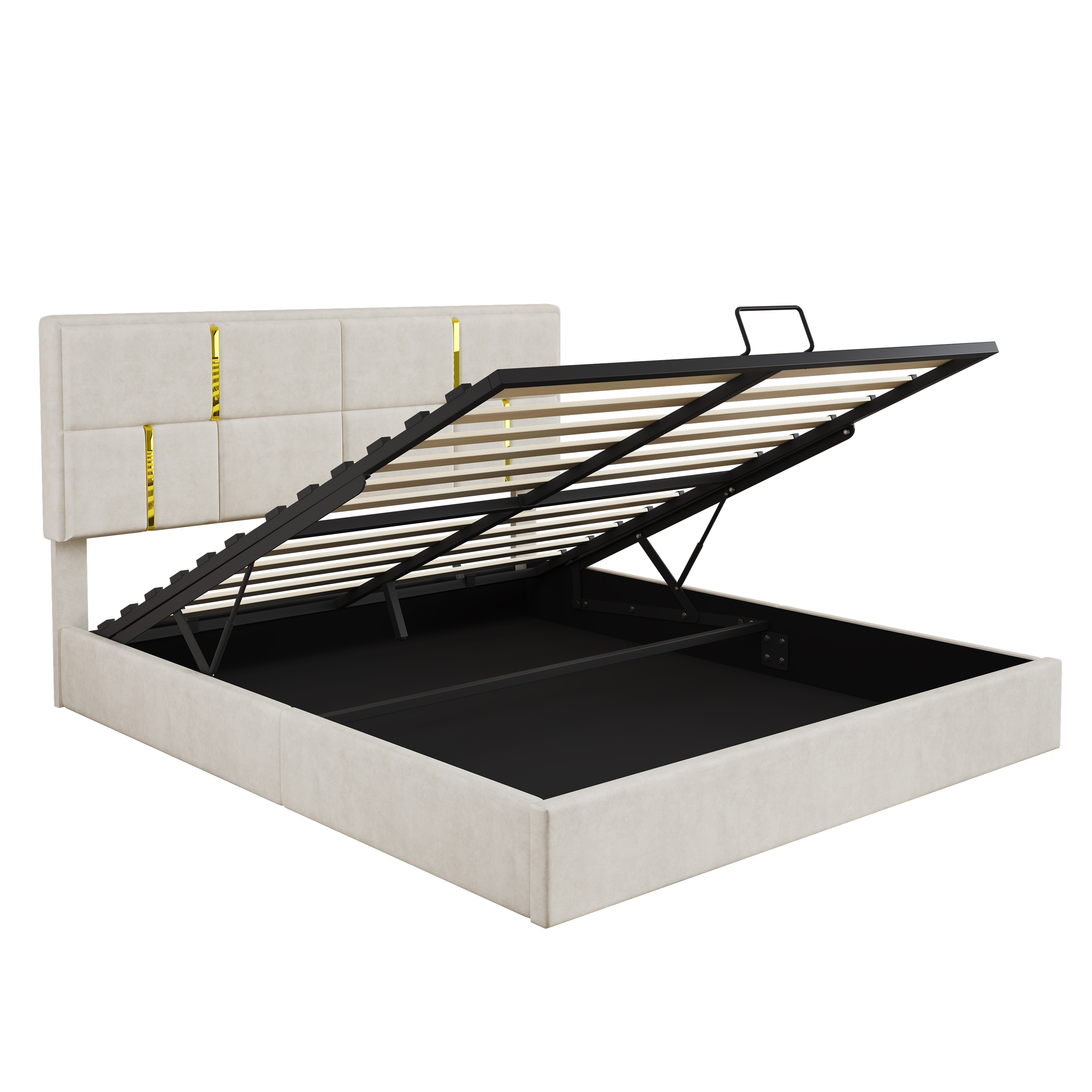 Queen Size Upholstered Platform Bed With Hydraulic Storage System,No Box Spring Needed,Beige_voghion.com