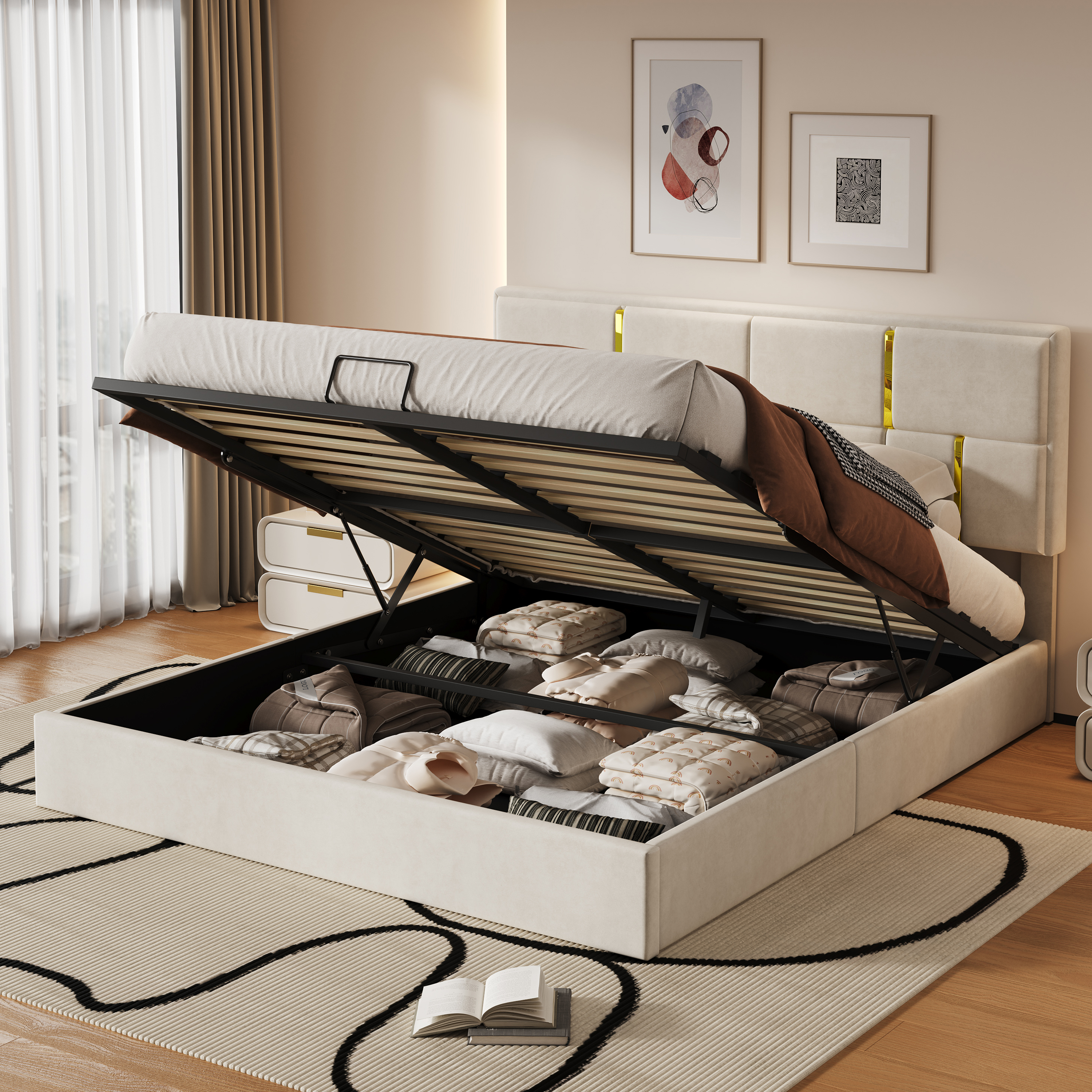 Queen Size Upholstered Platform Bed With Hydraulic Storage System,No Box Spring Needed,Beige_voghion.com