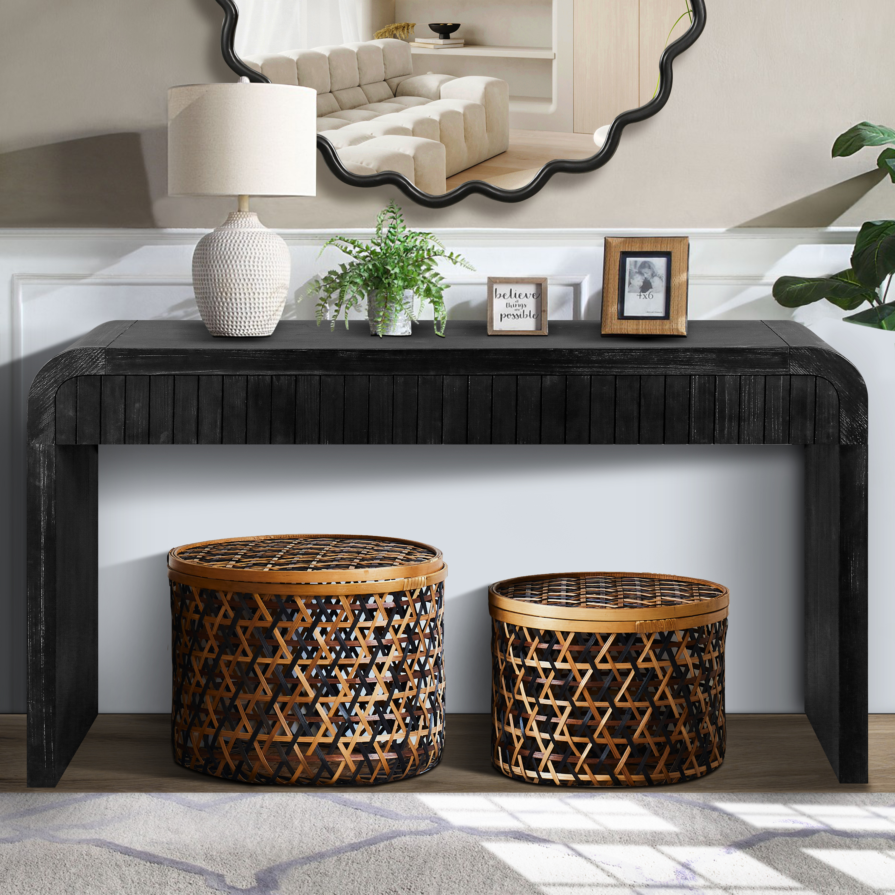 59 Vintage Crafted Entryway Table,Two Hidden Handle Drawers,Farmhouse Console Table ,Easy Assembly, For Entrance & Dinning Room & Living Room & Hallway Antique Black_voghion.com