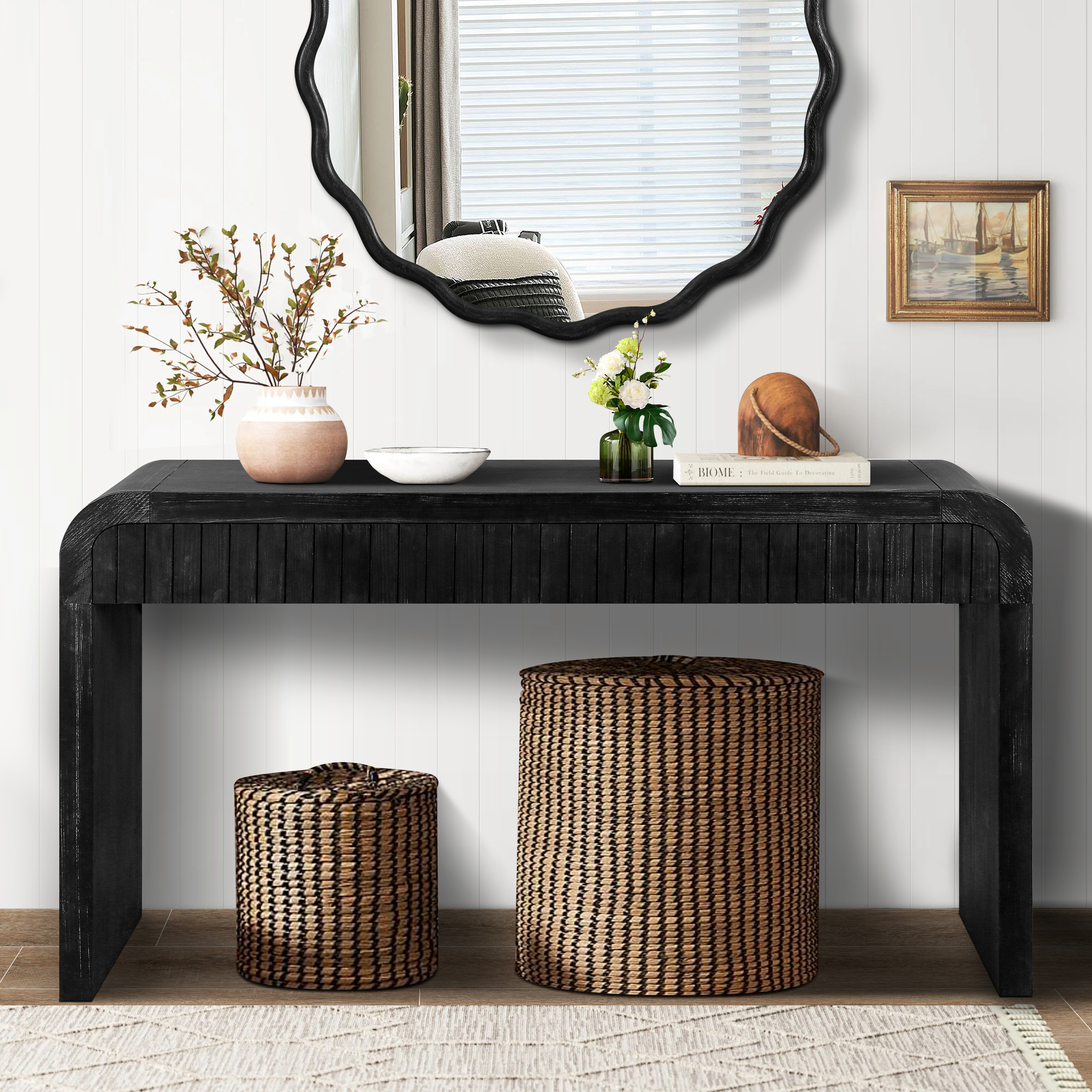 59 Vintage Crafted Entryway Table,Two Hidden Handle Drawers,Farmhouse Console Table ,Easy Assembly, For Entrance & Dinning Room & Living Room & Hallway Antique Black_voghion.com