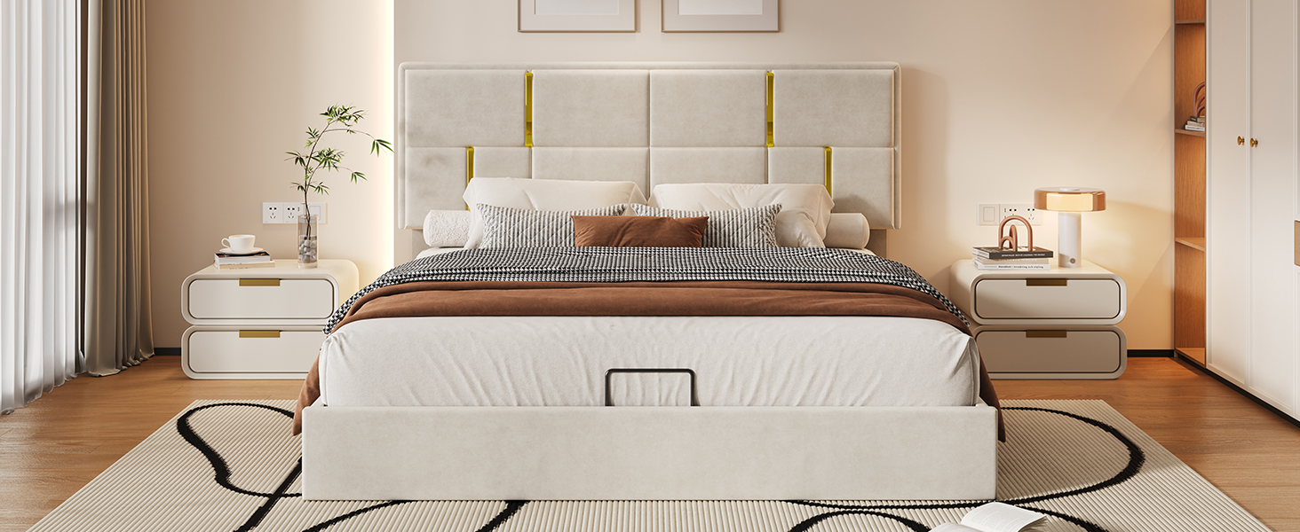 Queen Size Upholstered Platform Bed With Hydraulic Storage System,No Box Spring Needed,Beige_voghion.com