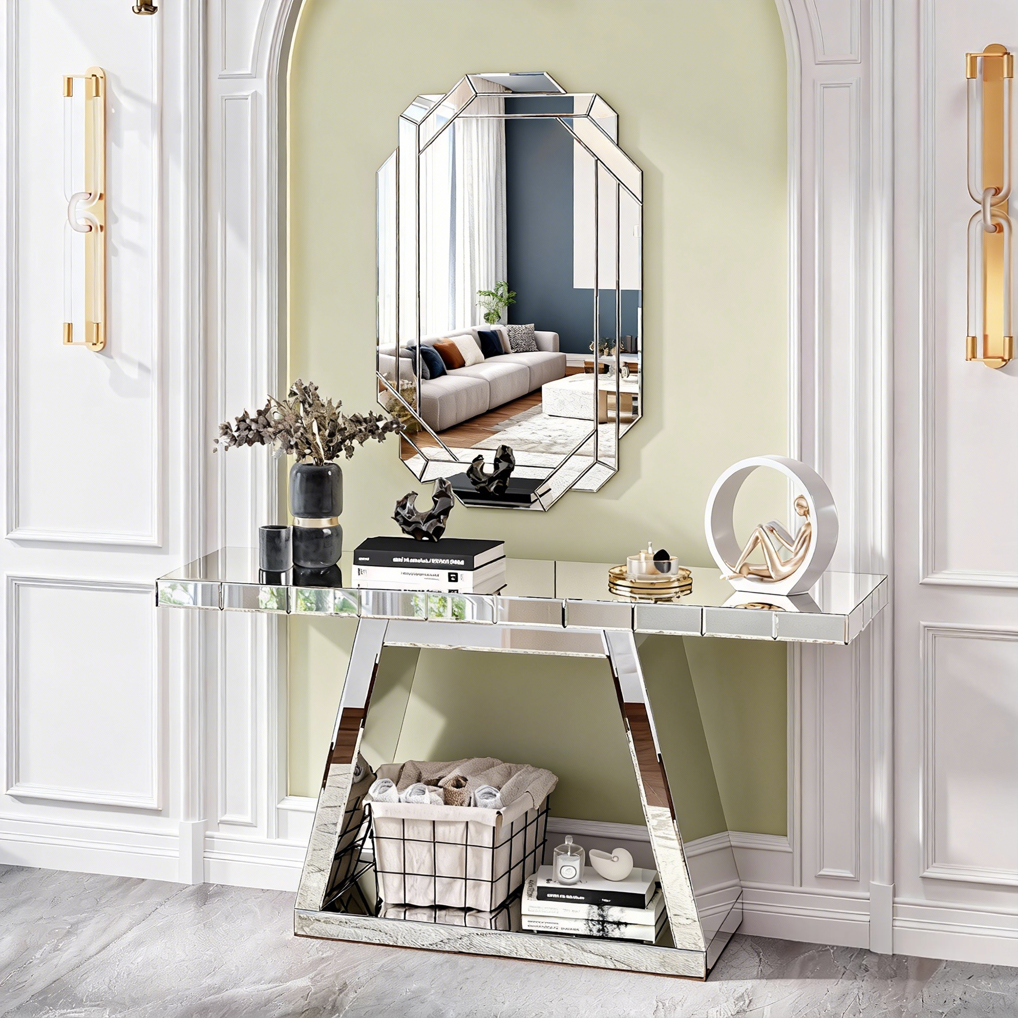 55.9 Modern Luxe Full-Body Mirror Entryway Table With Trapezoid Base -360 Reflective Console Table, Sturdy Wooden Frame, Scratch-Resistant Design & Open Storage For Hallway, Living Room, Staircase_voghion.com