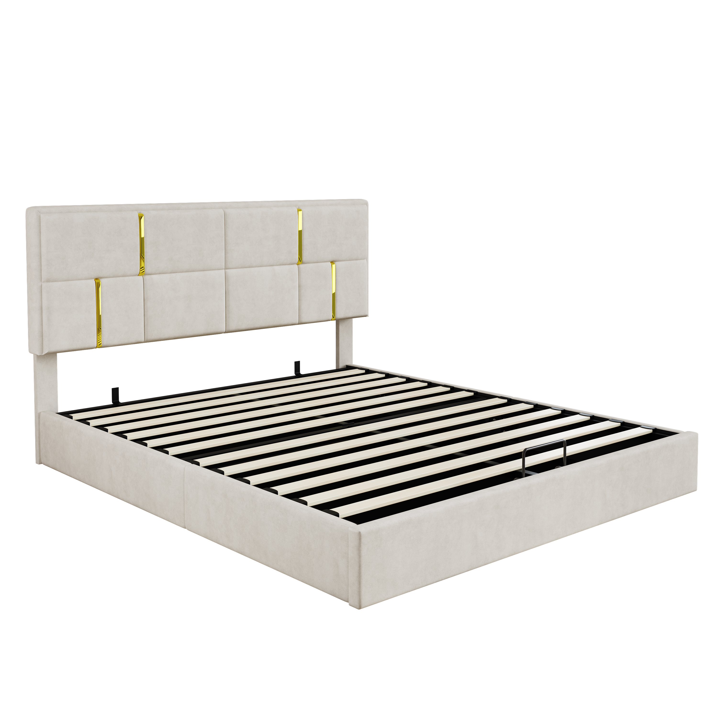Queen Size Upholstered Platform Bed With Hydraulic Storage System,No Box Spring Needed,Beige_voghion.com