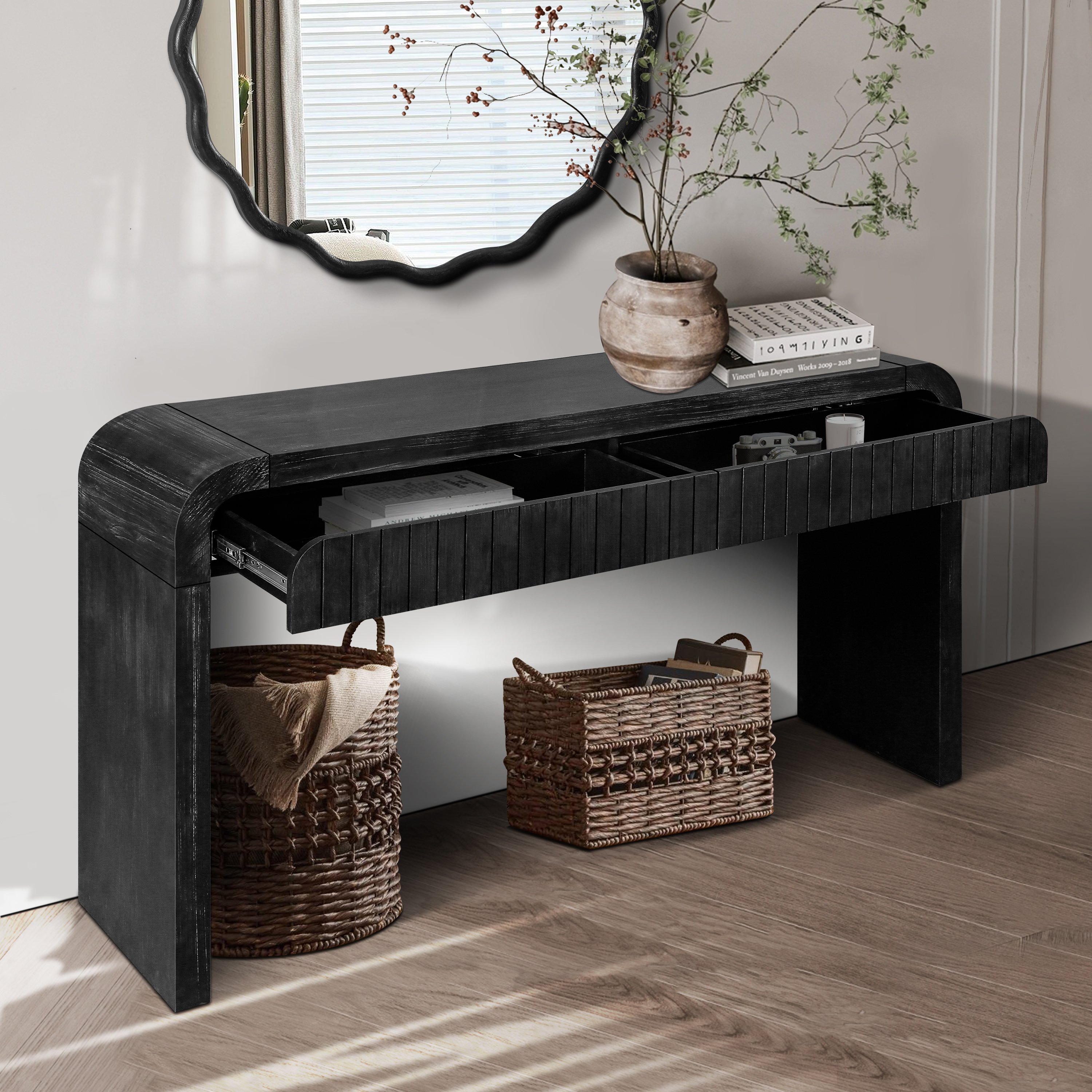 59 Vintage Crafted Entryway Table,Two Hidden Handle Drawers,Farmhouse Console Table ,Easy Assembly, For Entrance & Dinning Room & Living Room & Hallway Antique Black_voghion.com