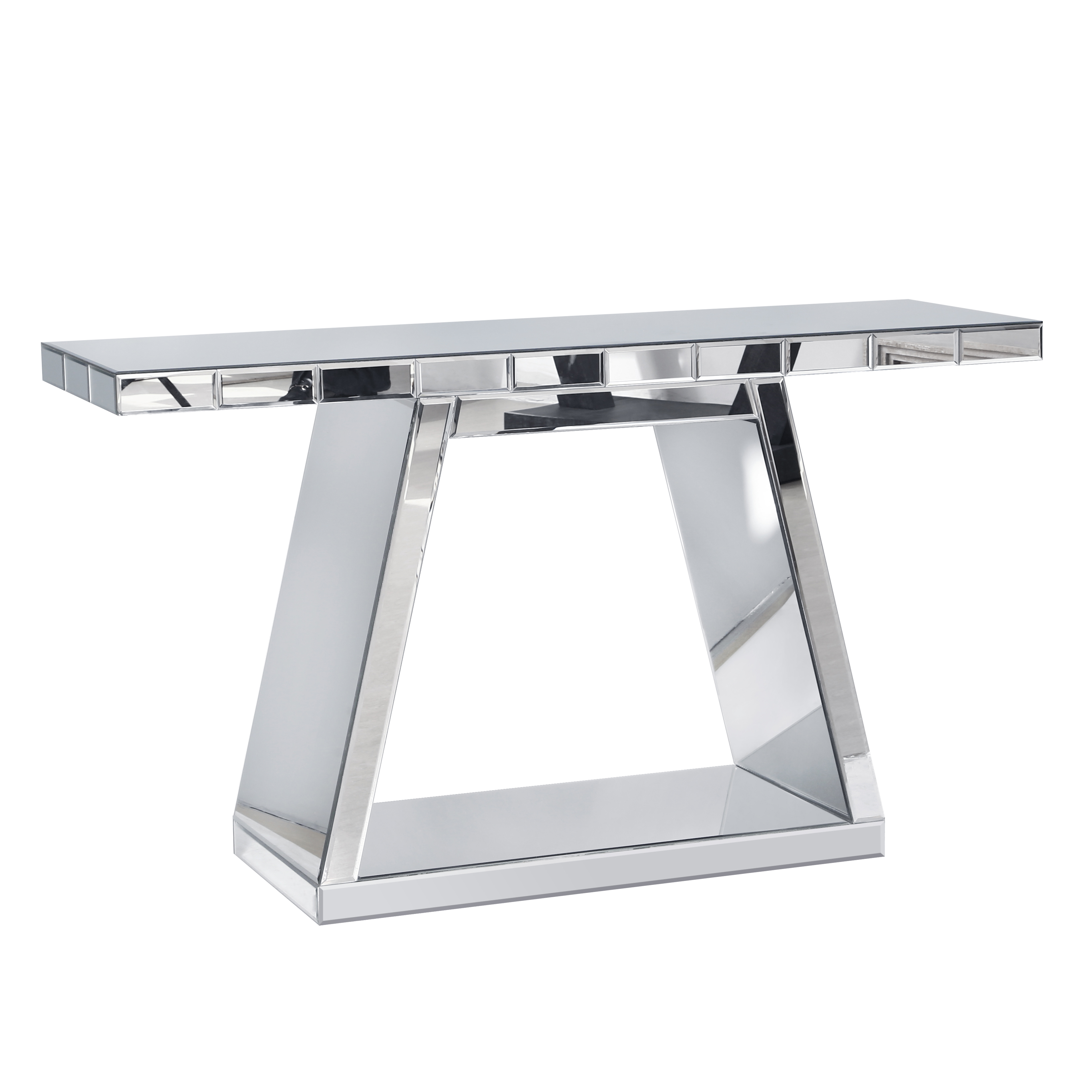 55.9 Modern Luxe Full-Body Mirror Entryway Table With Trapezoid Base -360 Reflective Console Table, Sturdy Wooden Frame, Scratch-Resistant Design & Open Storage For Hallway, Living Room, Staircase_voghion.com
